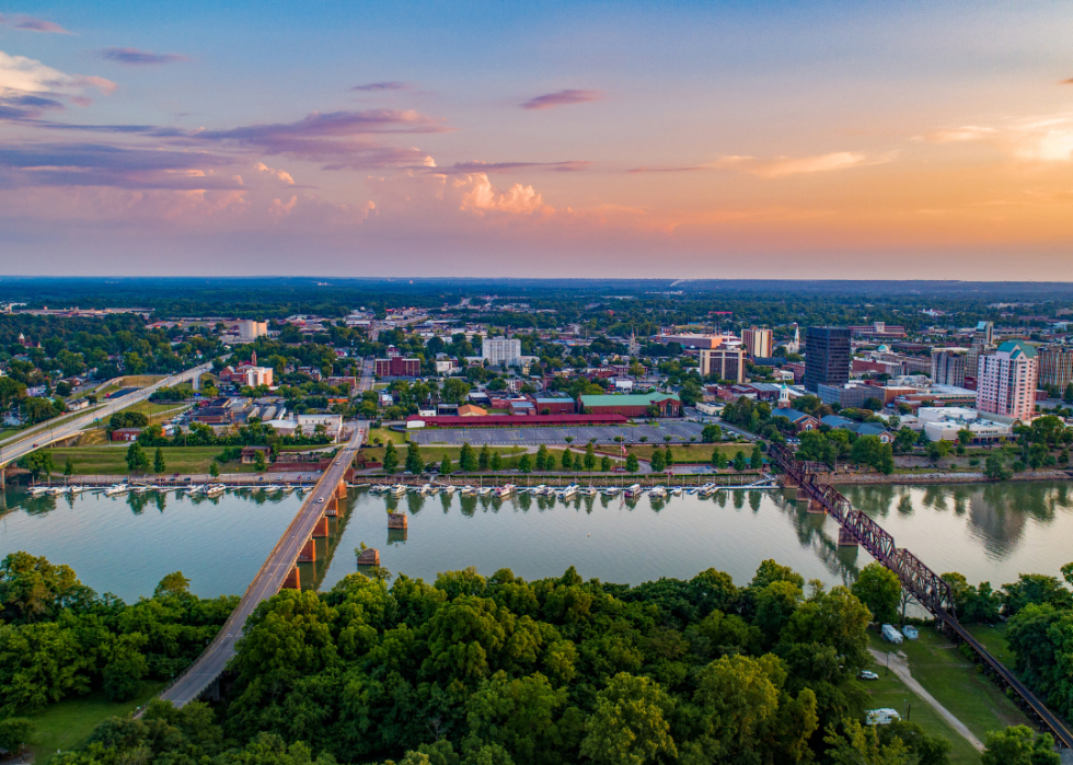Aerial view of river, bridges, buildings and homes in Augusta, Georgia.