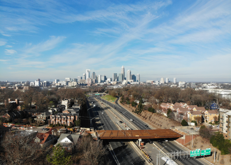 Aerial view of highway and homes with Charlotte, North Carolina in the background.