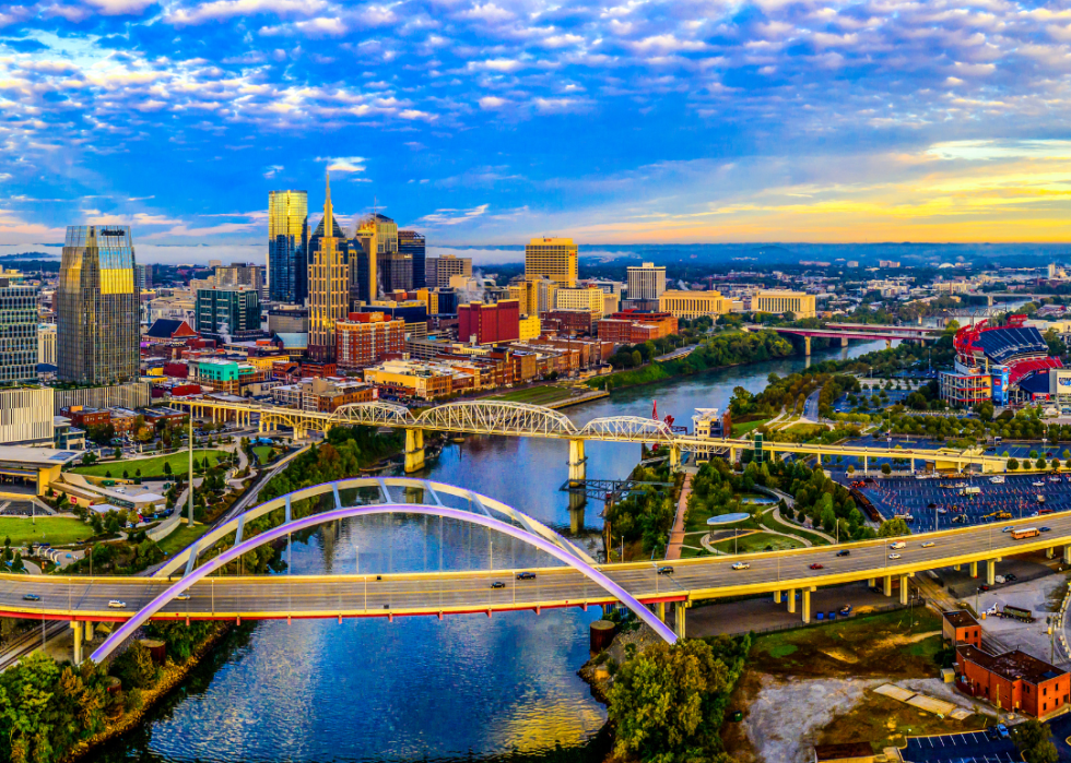 Nashville aerial view against a bright blue sky.