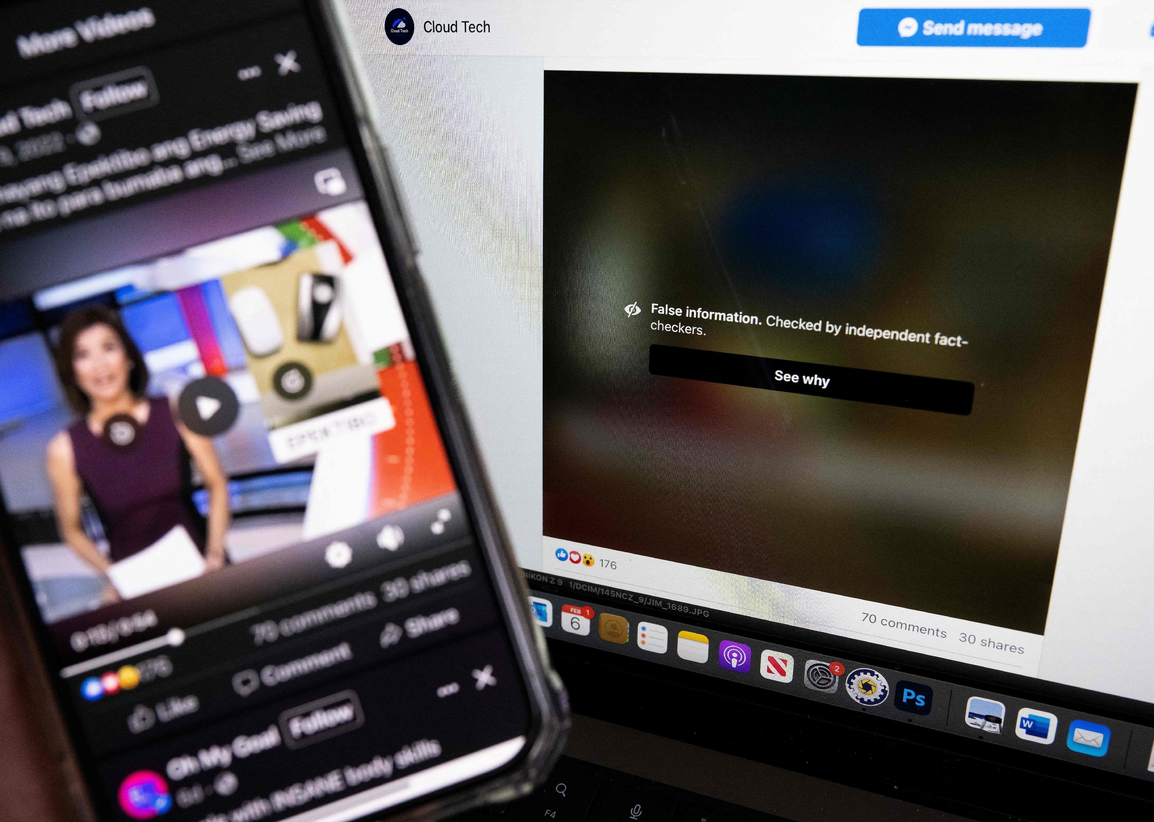 A phone screen open to a social media story with a computer screen in the background showing a blocked content screen.