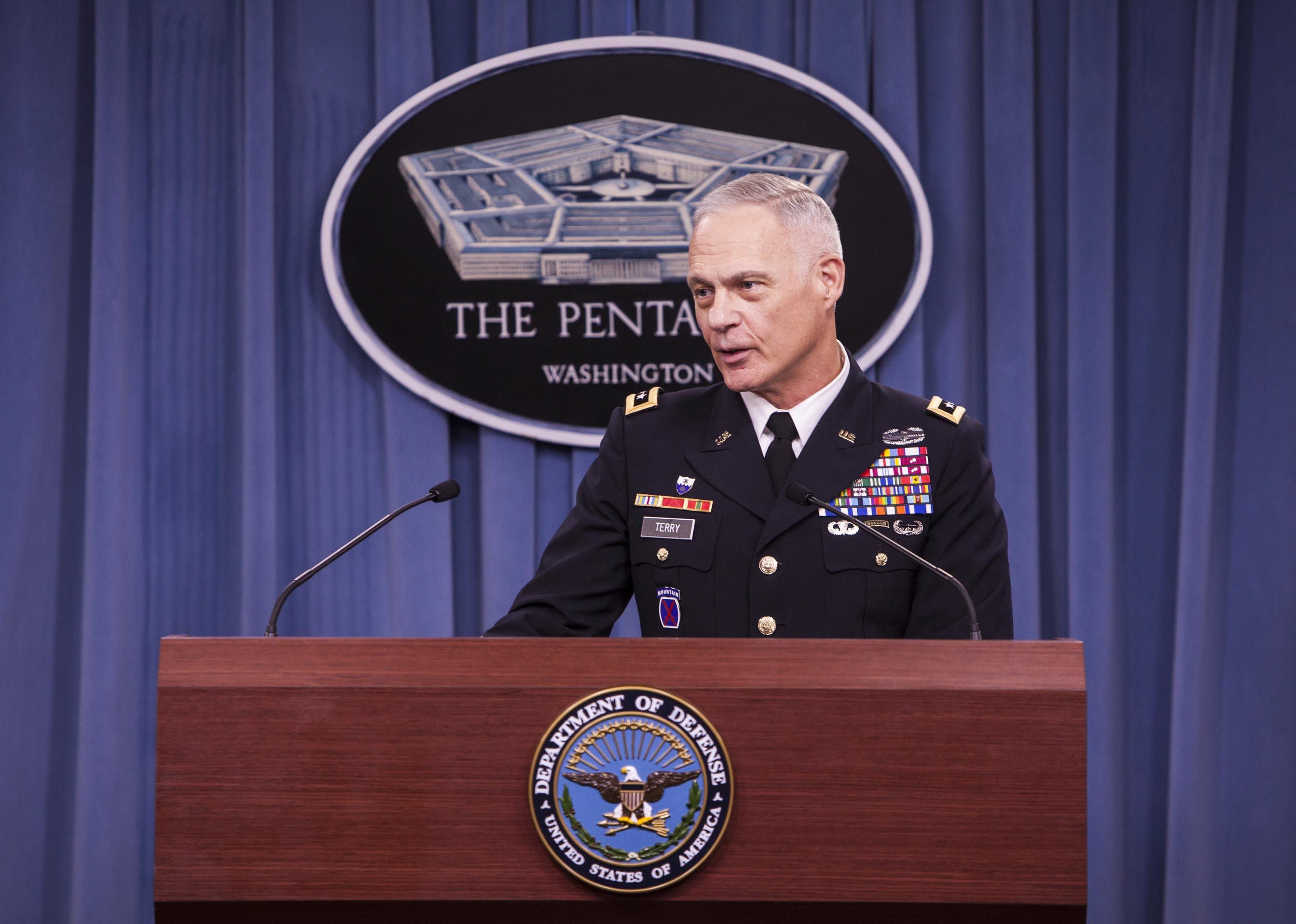 US Army Lt. Gen. James L. Terry, commander of  Operation Inherent Resolve, holds a press briefing at the Pentagon Briefing Room in Arlington, Va.