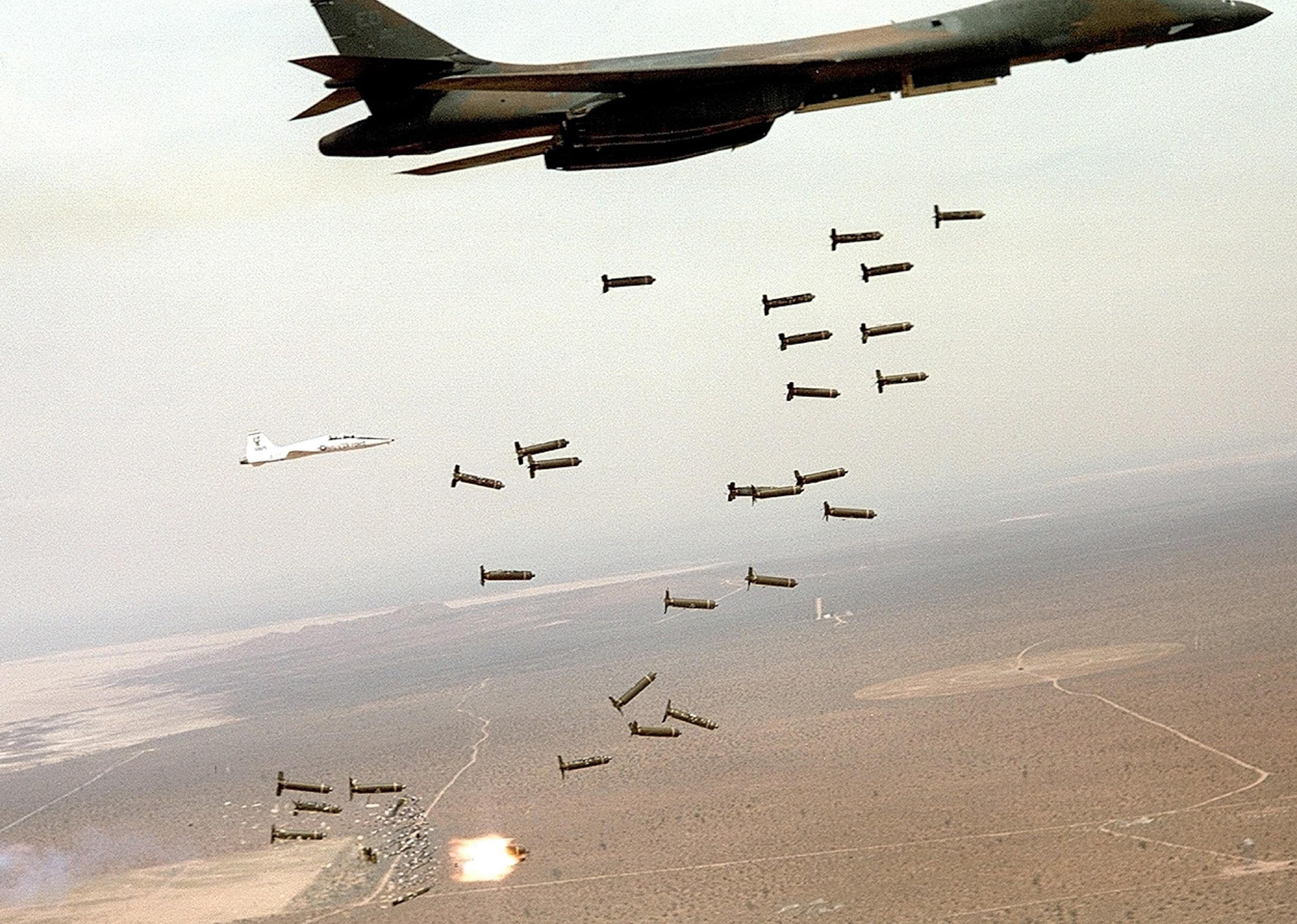 A B-1B Lancer from the U.S. Air Force dropping arsenal over Afghanistan.
