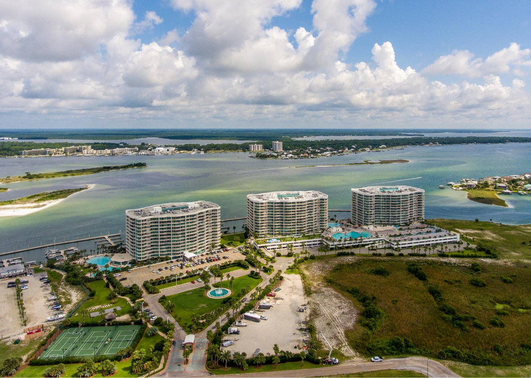 Aerial of Orange Beach shore.