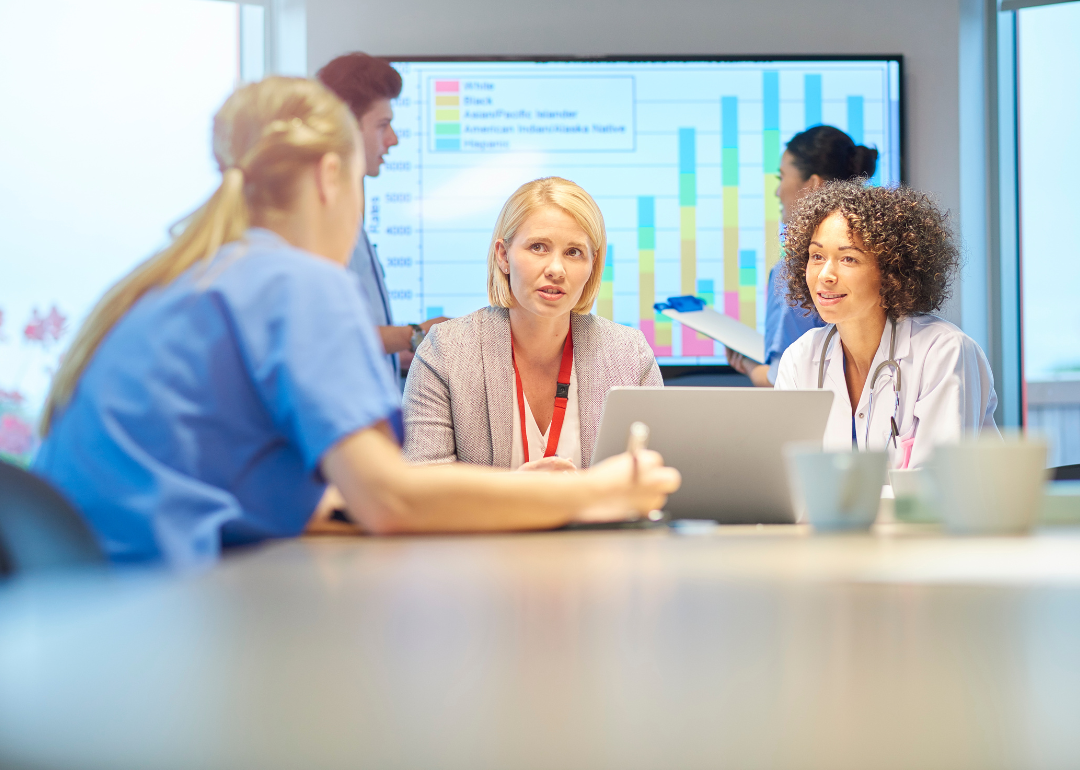 A medical team management meeting at a table.