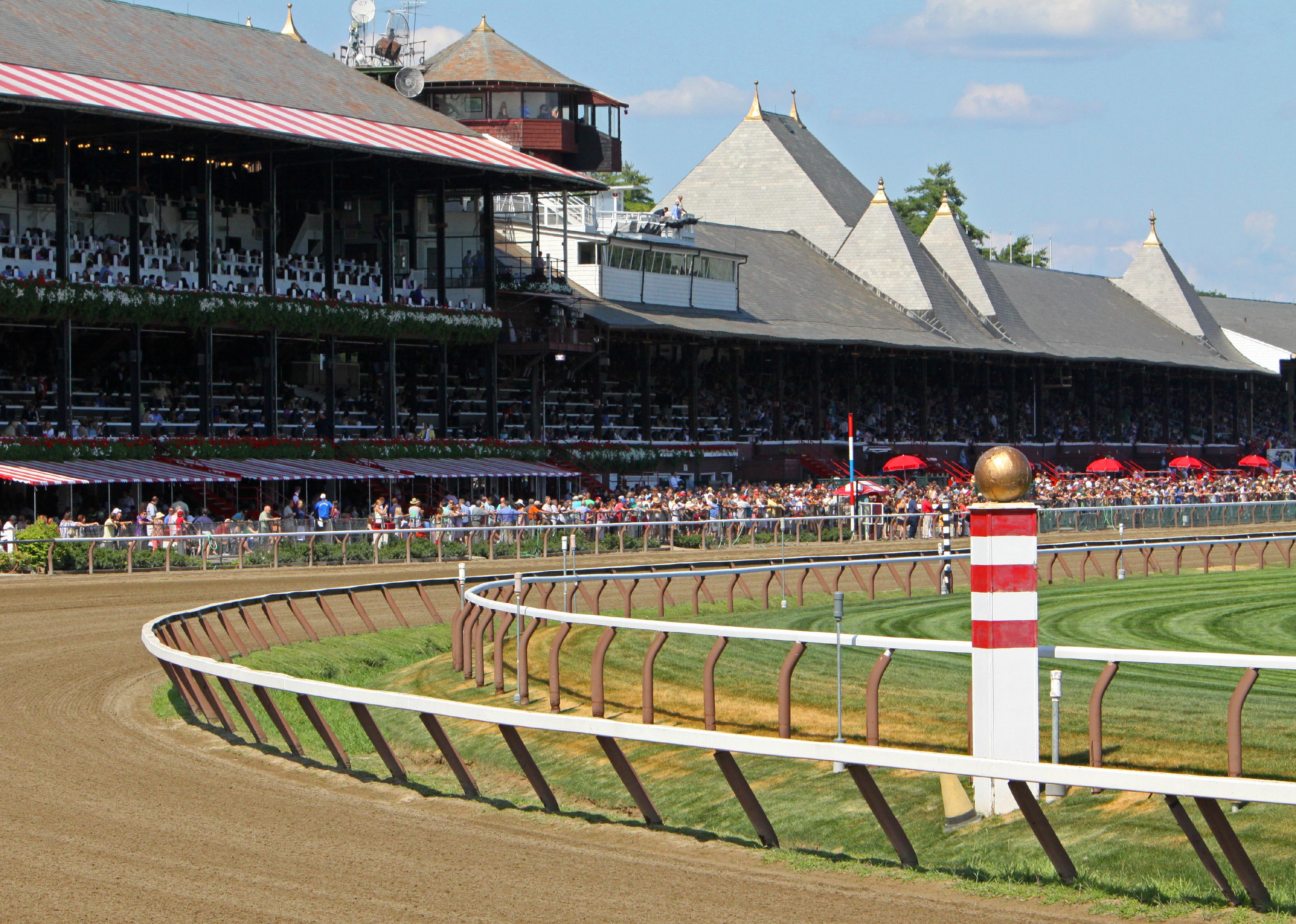 Fans crowd historic Saratoga Race Course.