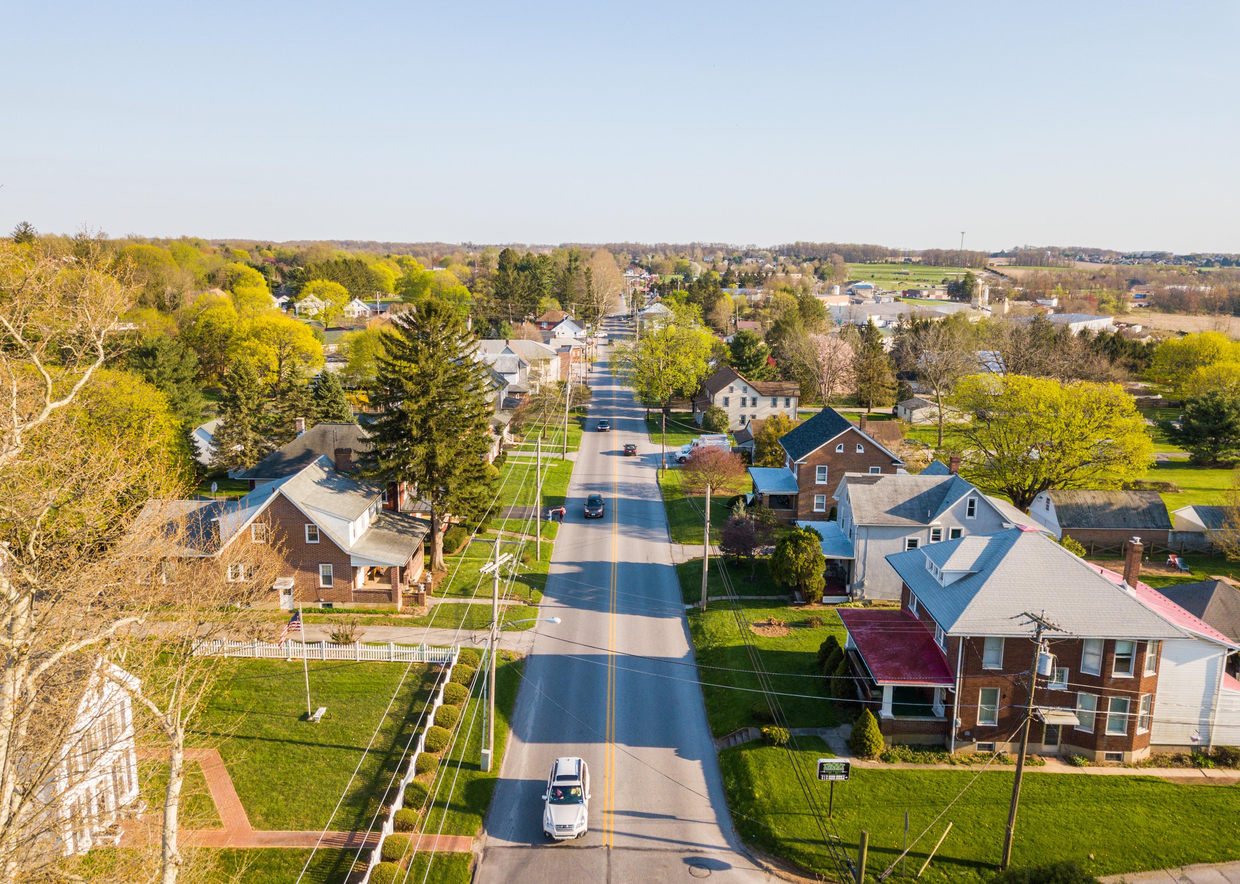 Aerial of the Small Town surrounded by farmland in Shrewsbury, Pennsylvania.