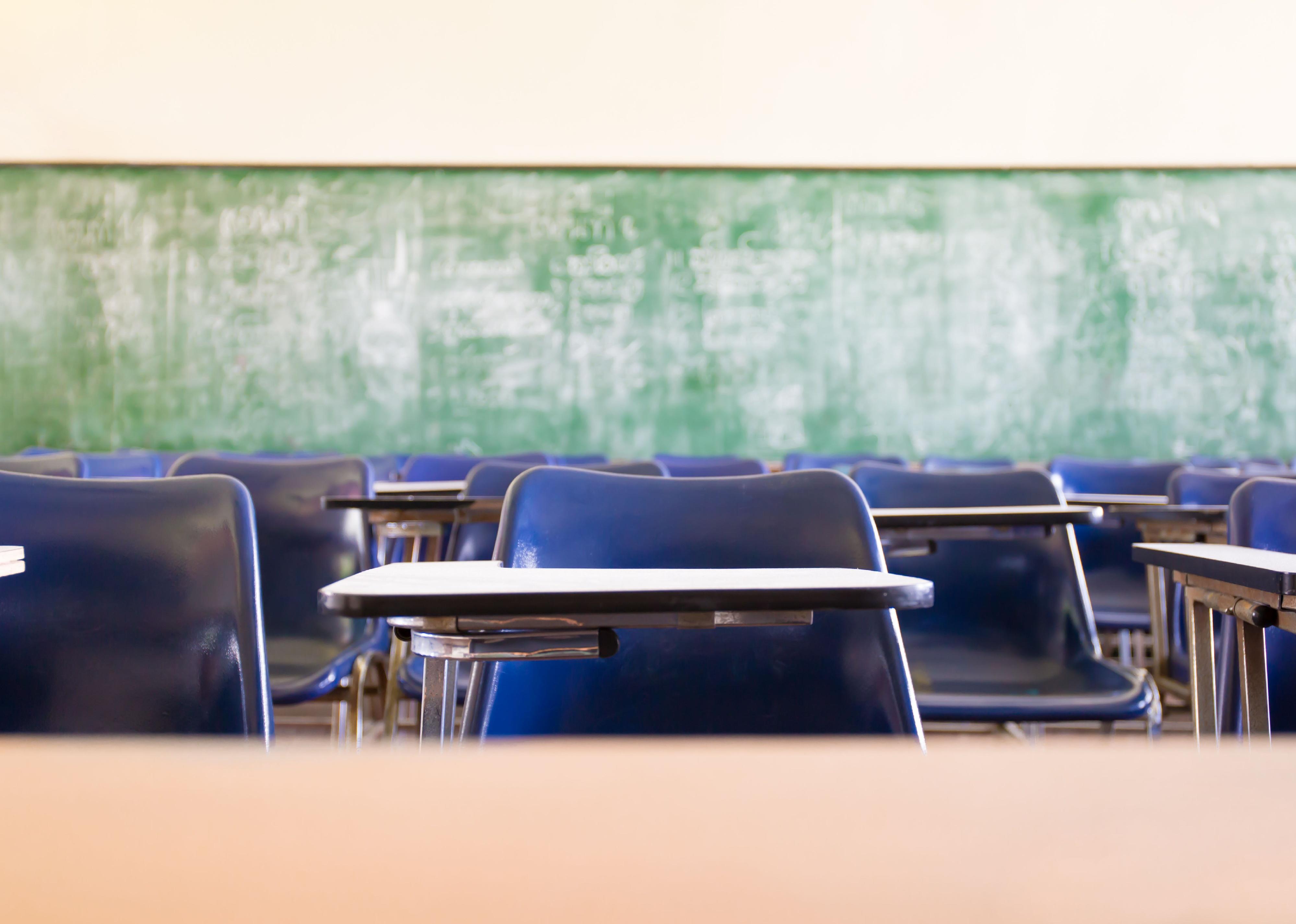Front view of classroom desks