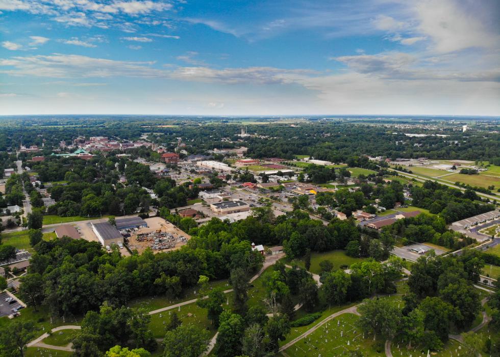 Aerial view of small town in Delaware County.