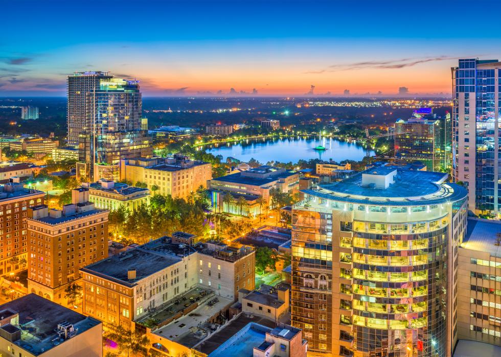 Orlando aerial cityscape towards Lake Eola at dusk.