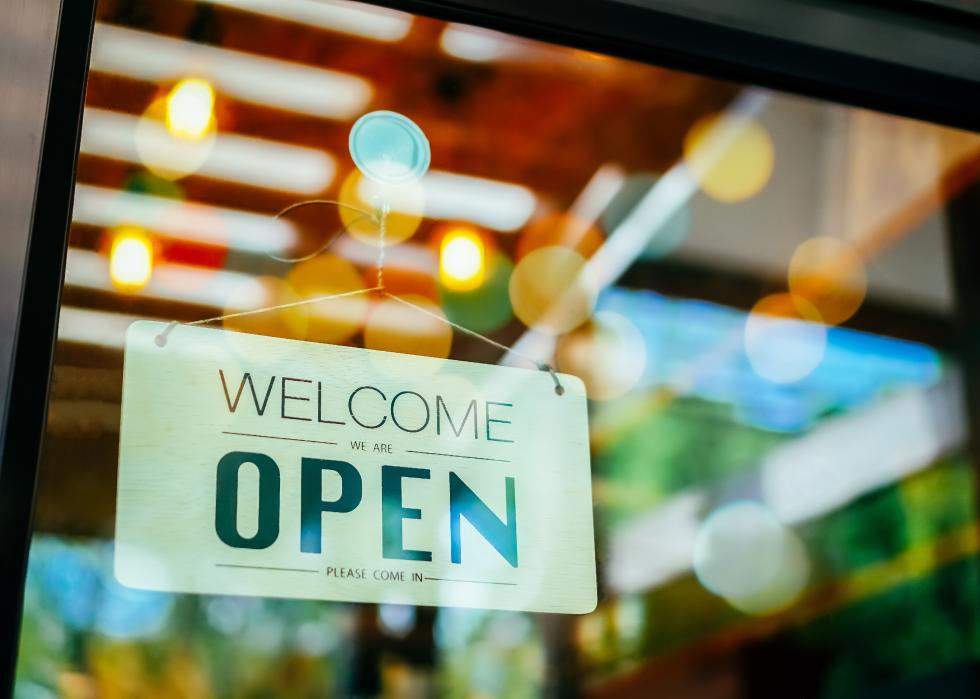 Welcome open sign on door of coffee cafe shop