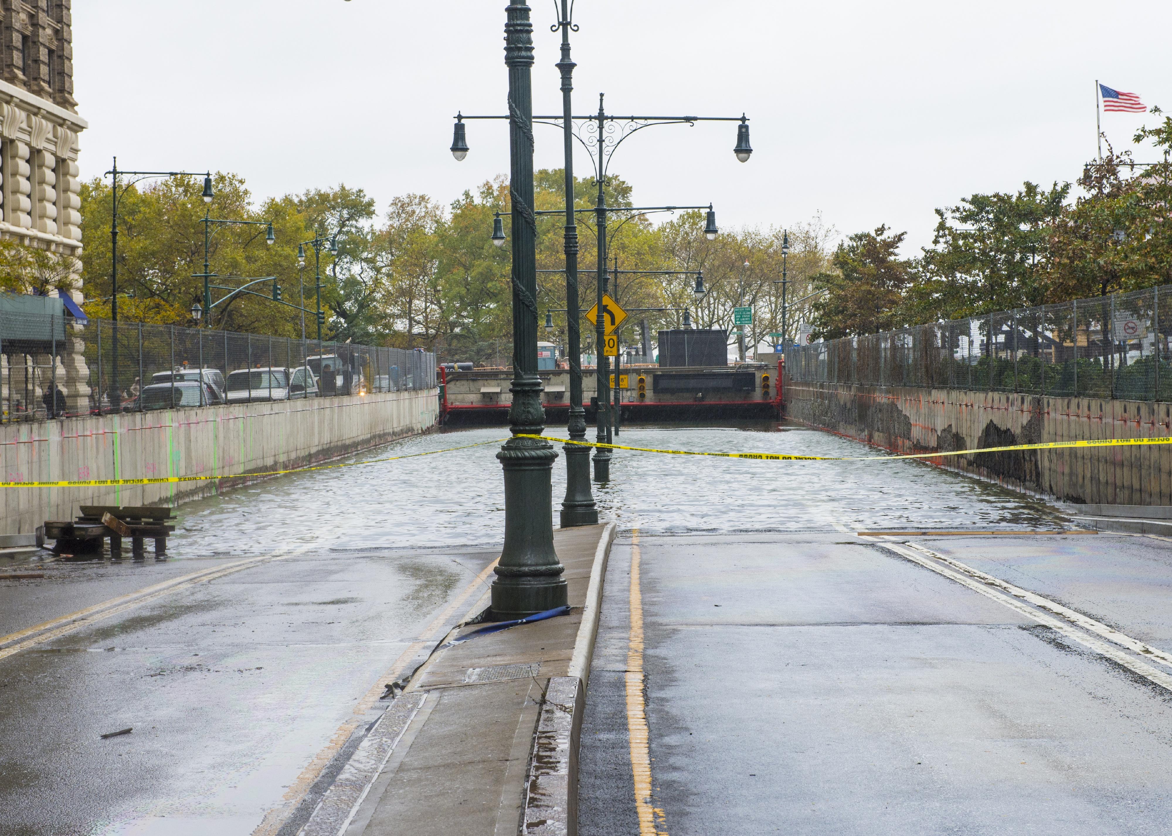 Flooded road in downtown Manhattan.