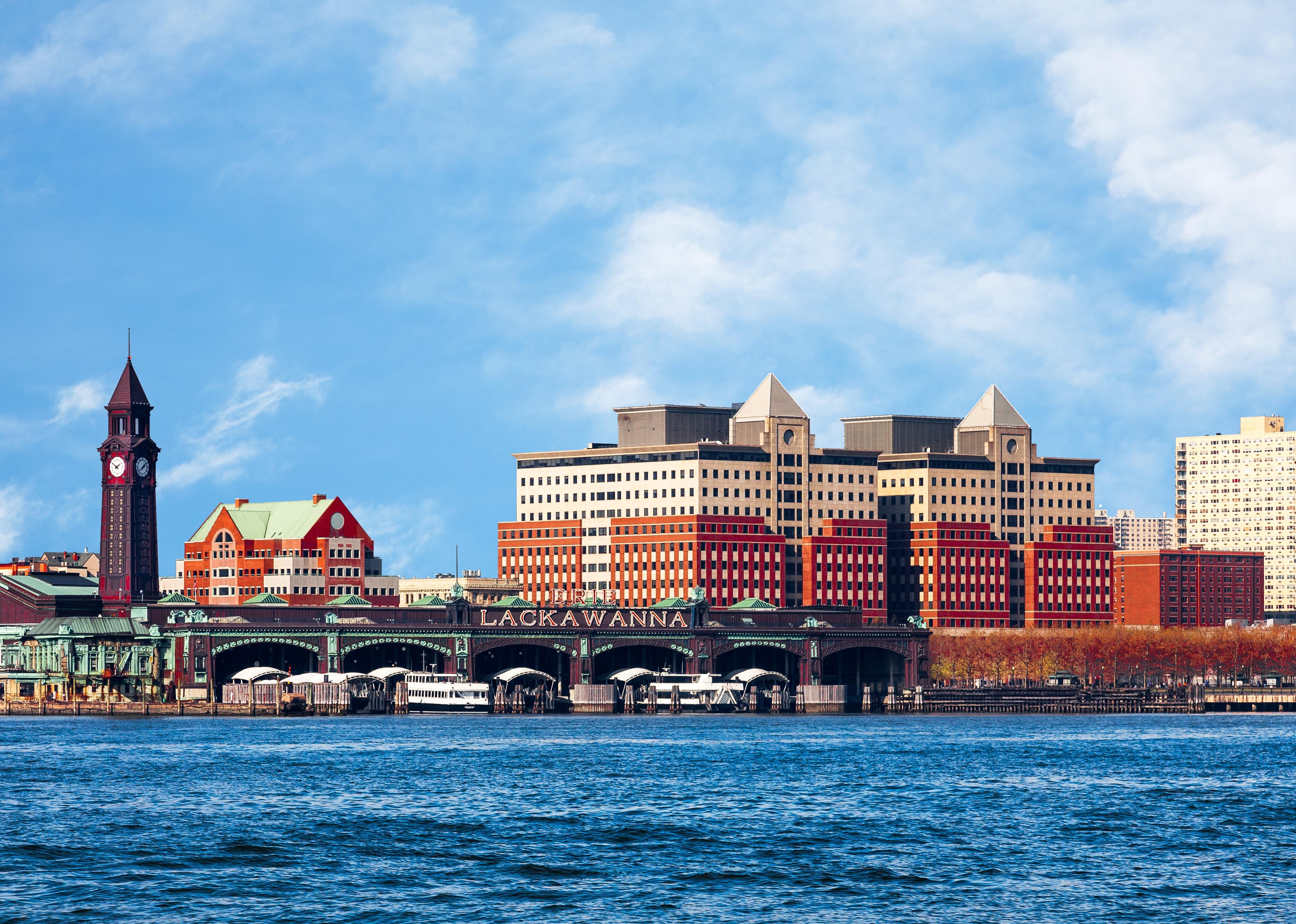 Hoboken, New Jersey waterfront and skyline from the Hudson River.