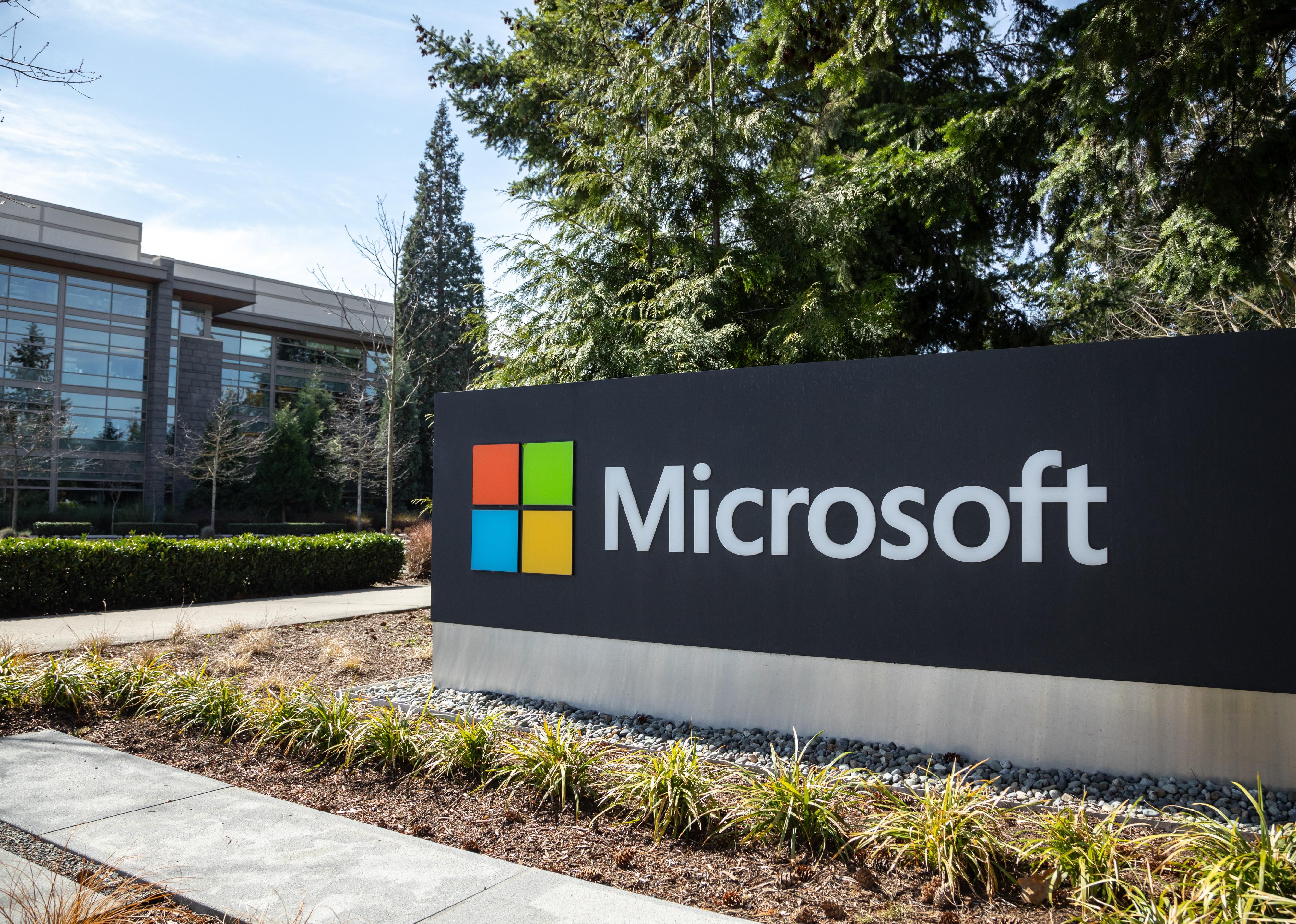 Microsoft sign at the headquarters.