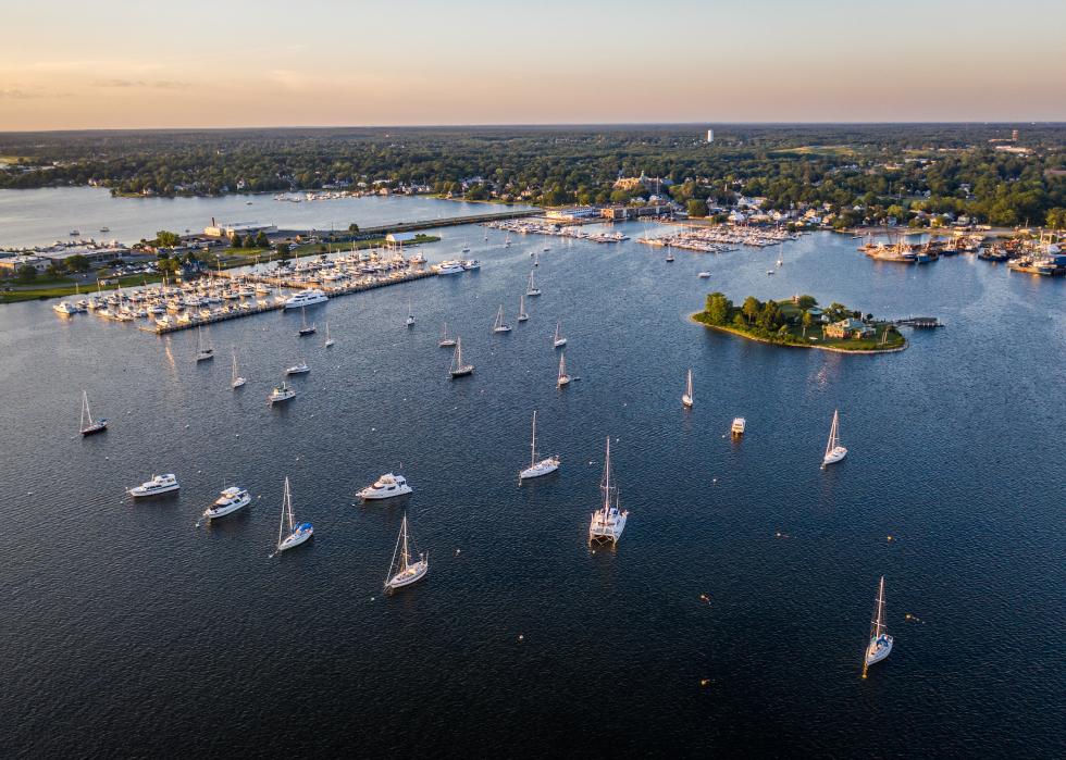 New Bedford Harbor with boats on the water.