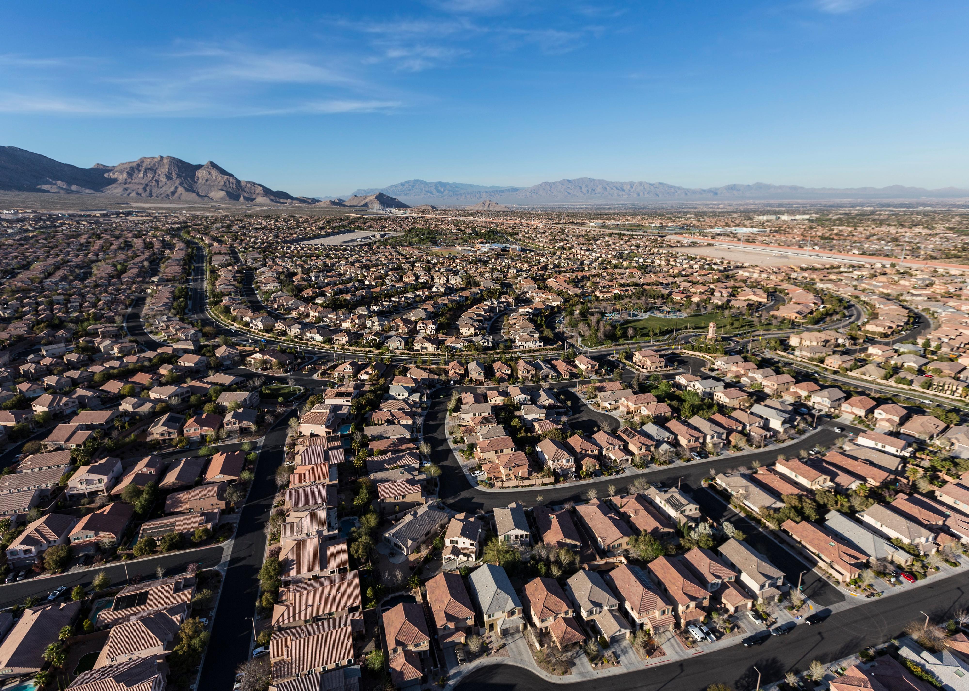 Aerial view of Summerlin streets and homes in suburban Las Vegas, Nevada.