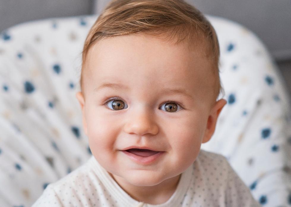Smiling baby with brown eyes.