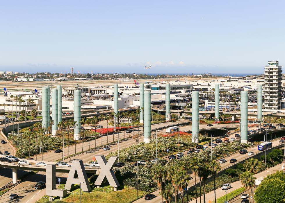 Aerial view of Los Angeles International Airport with its streets, entrances and exits.