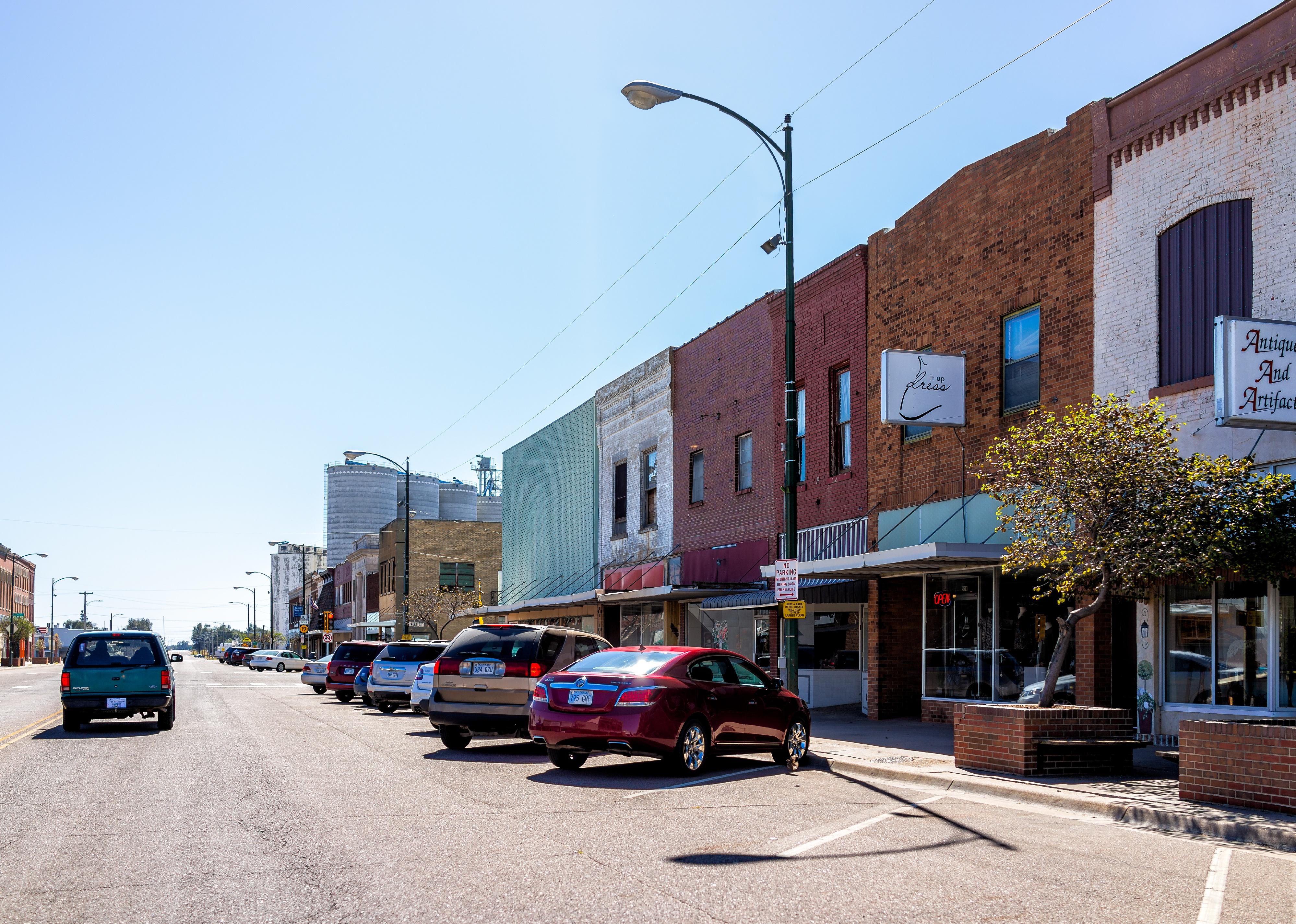 Small city in Kansas with downtown main street with historic shops.