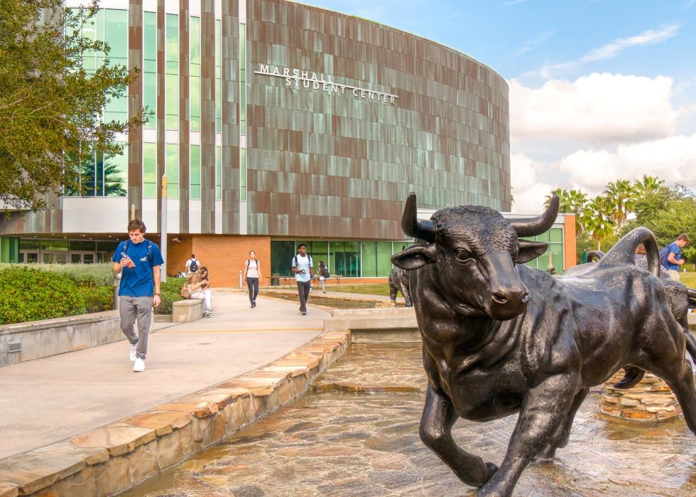 A fountain statue of a bull in front of a stone university building.