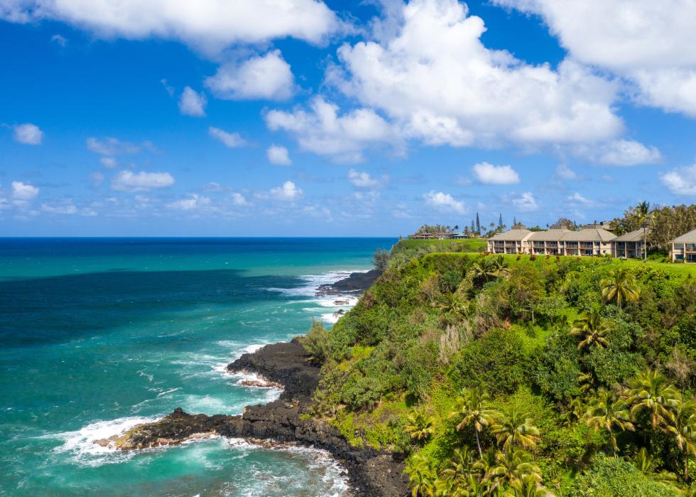 Aerial panoramic image off the coast over Princeville.