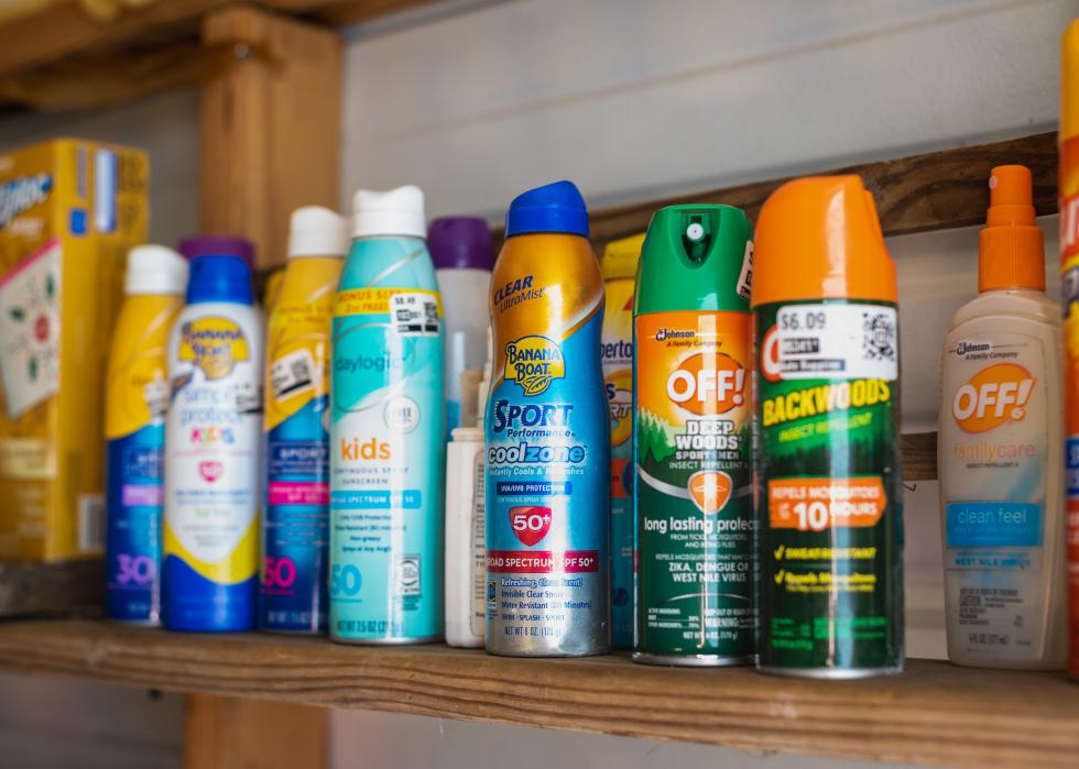 Banana Boat, Coppertone, Daylogic kids sunscreen, and OFF.