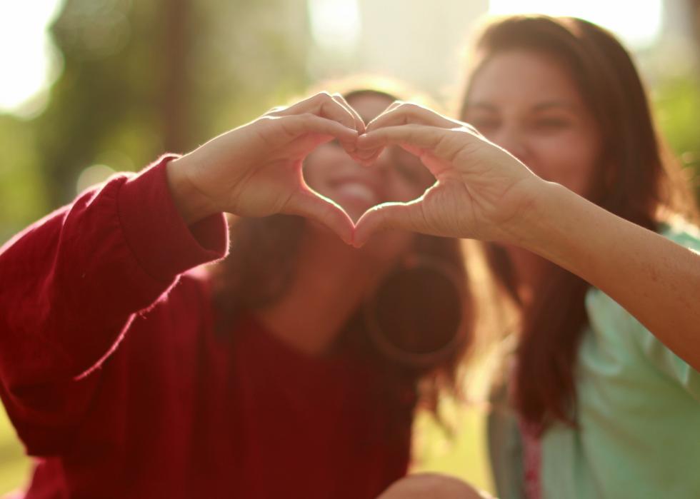 Two women doing heart shape symbol with their hands