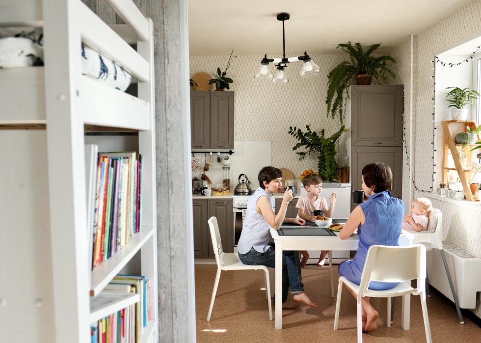 Two women and two kids sitting around kitchen table
