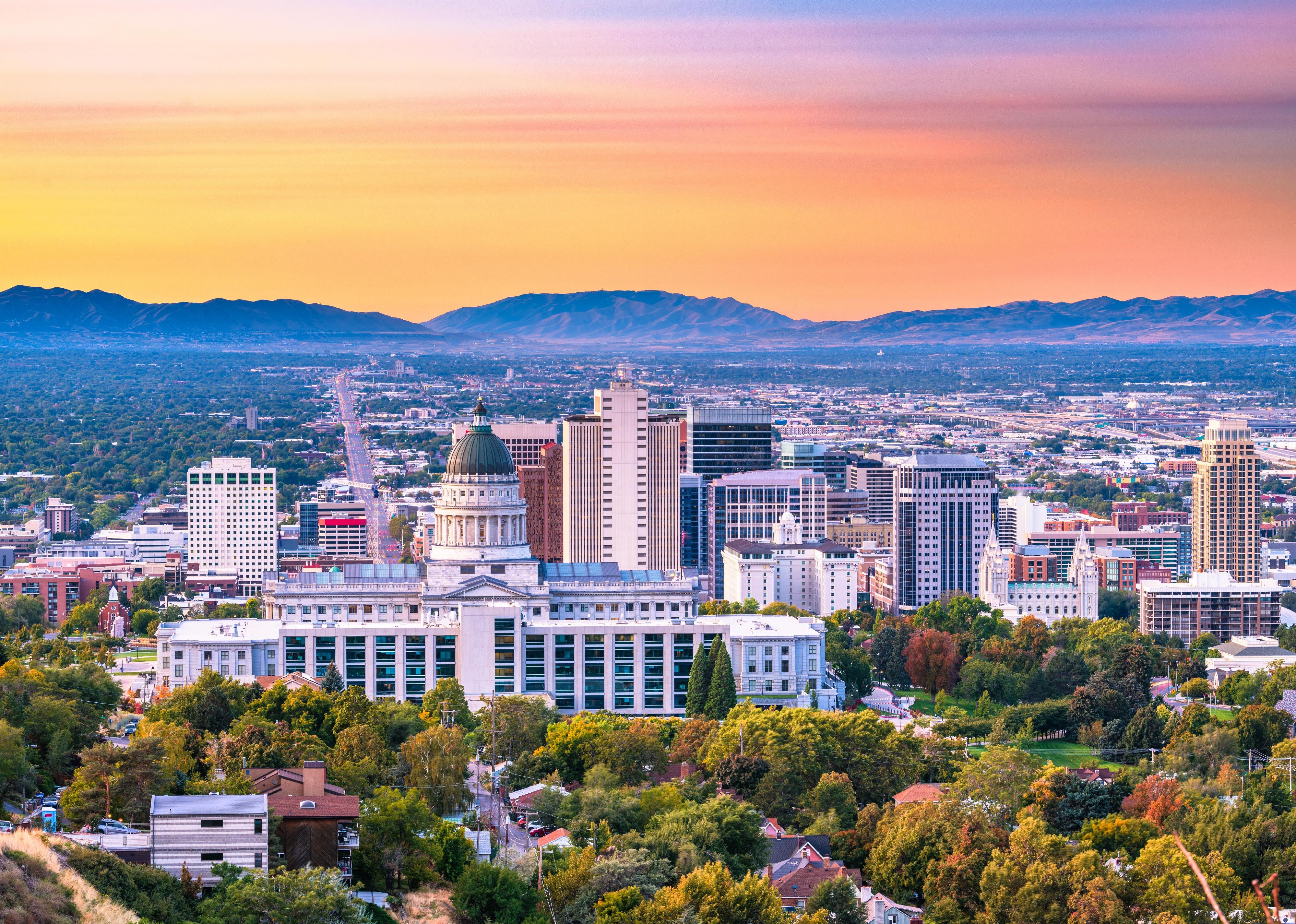 Downtown Salt Lake City skyline at dusk.