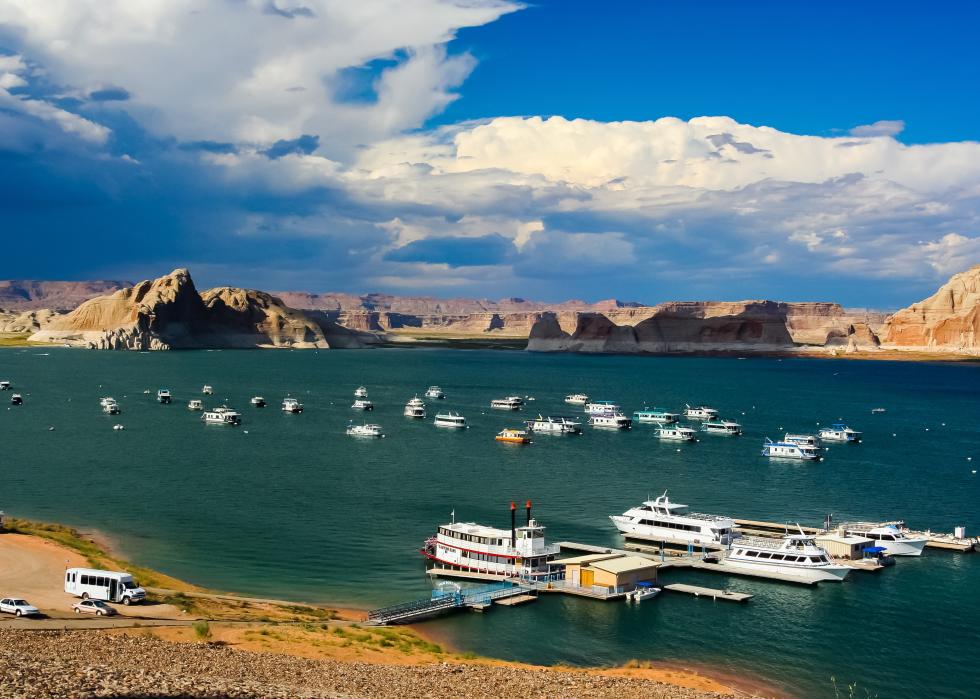 House boats and pleasure boats moored in Lake Powell.