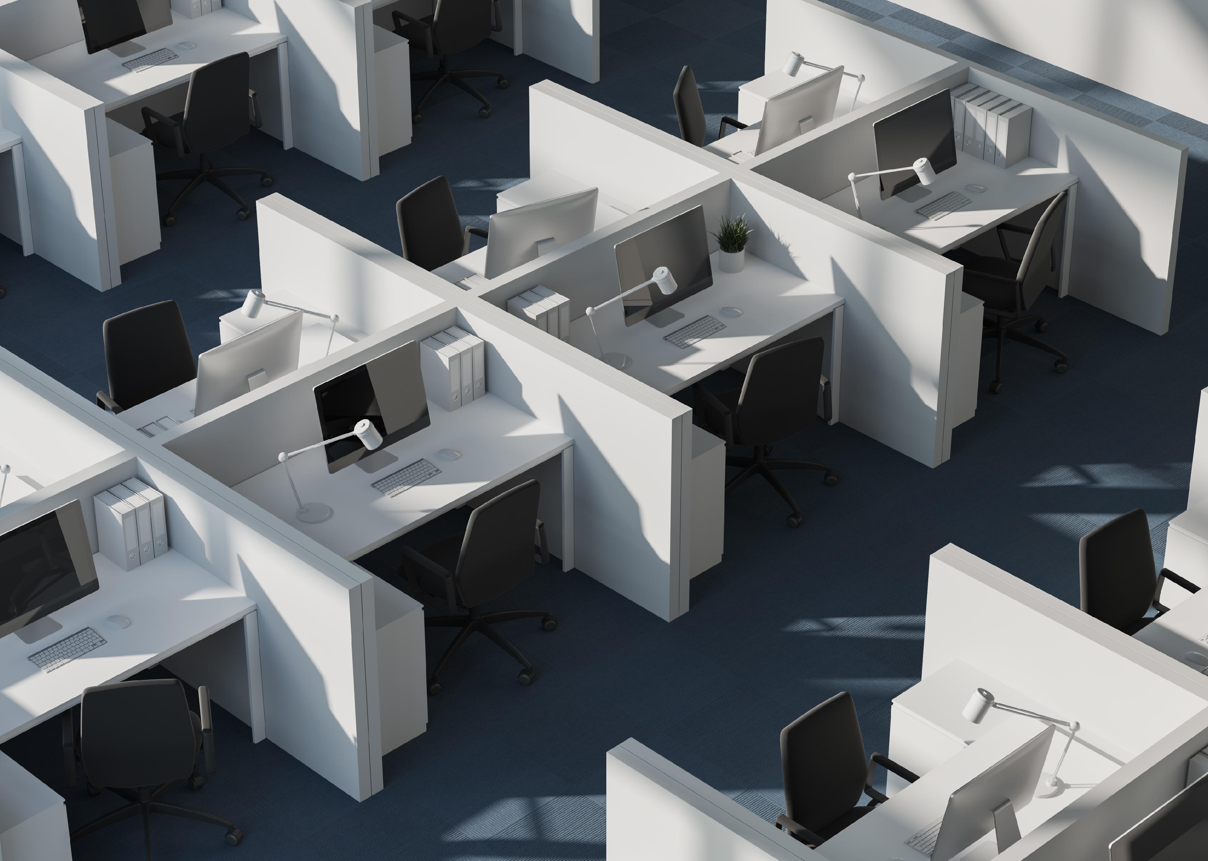 Top view of white cubicles in modern office with white walls and carpeted floor.