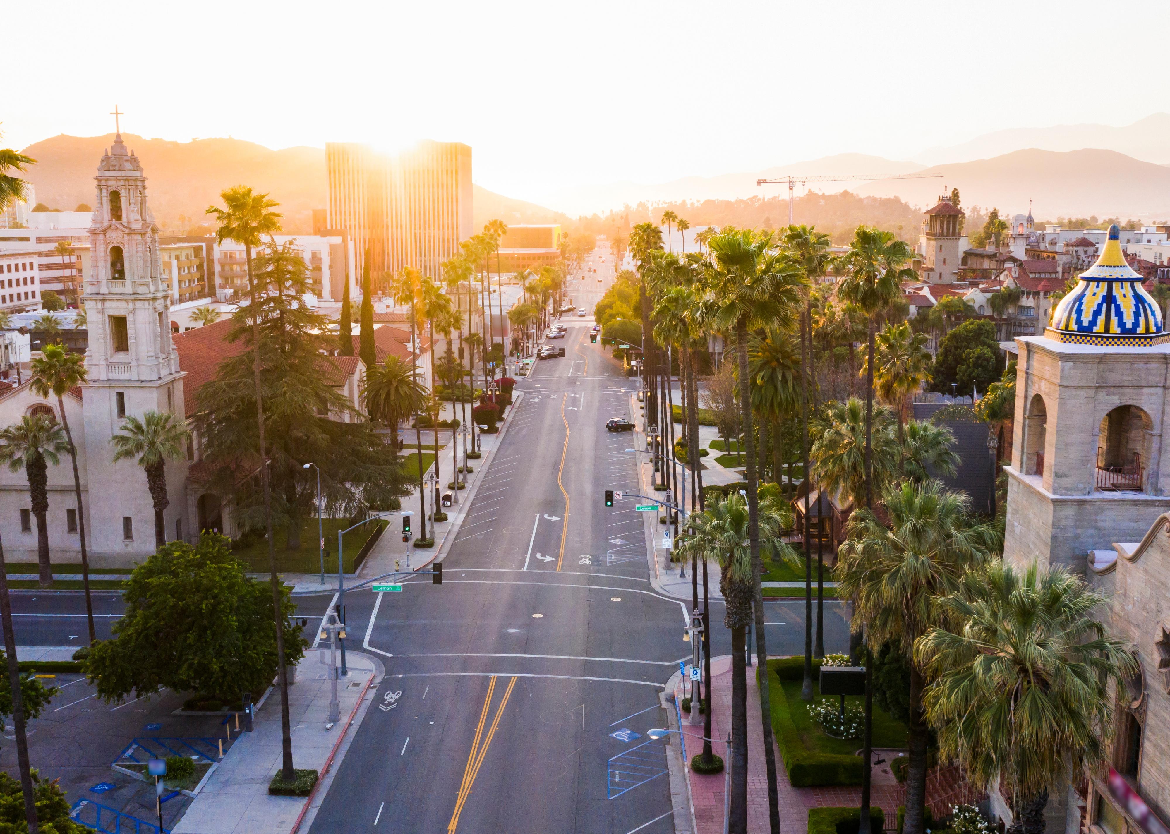Sunset aerial view of historic downtown Riverside, California.