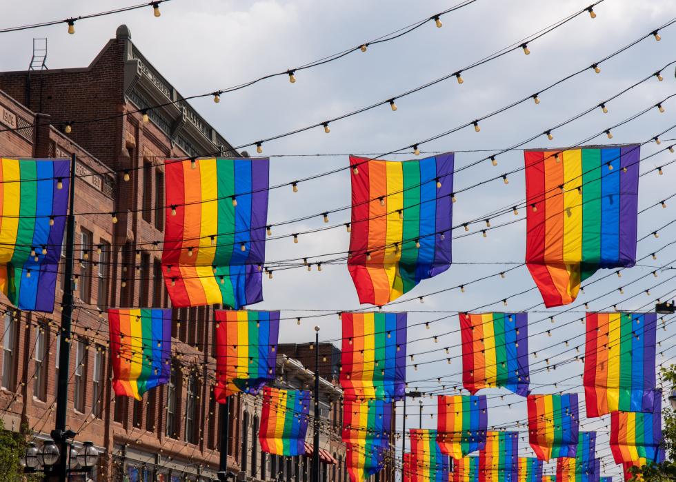 Rainbow flags hanging across street