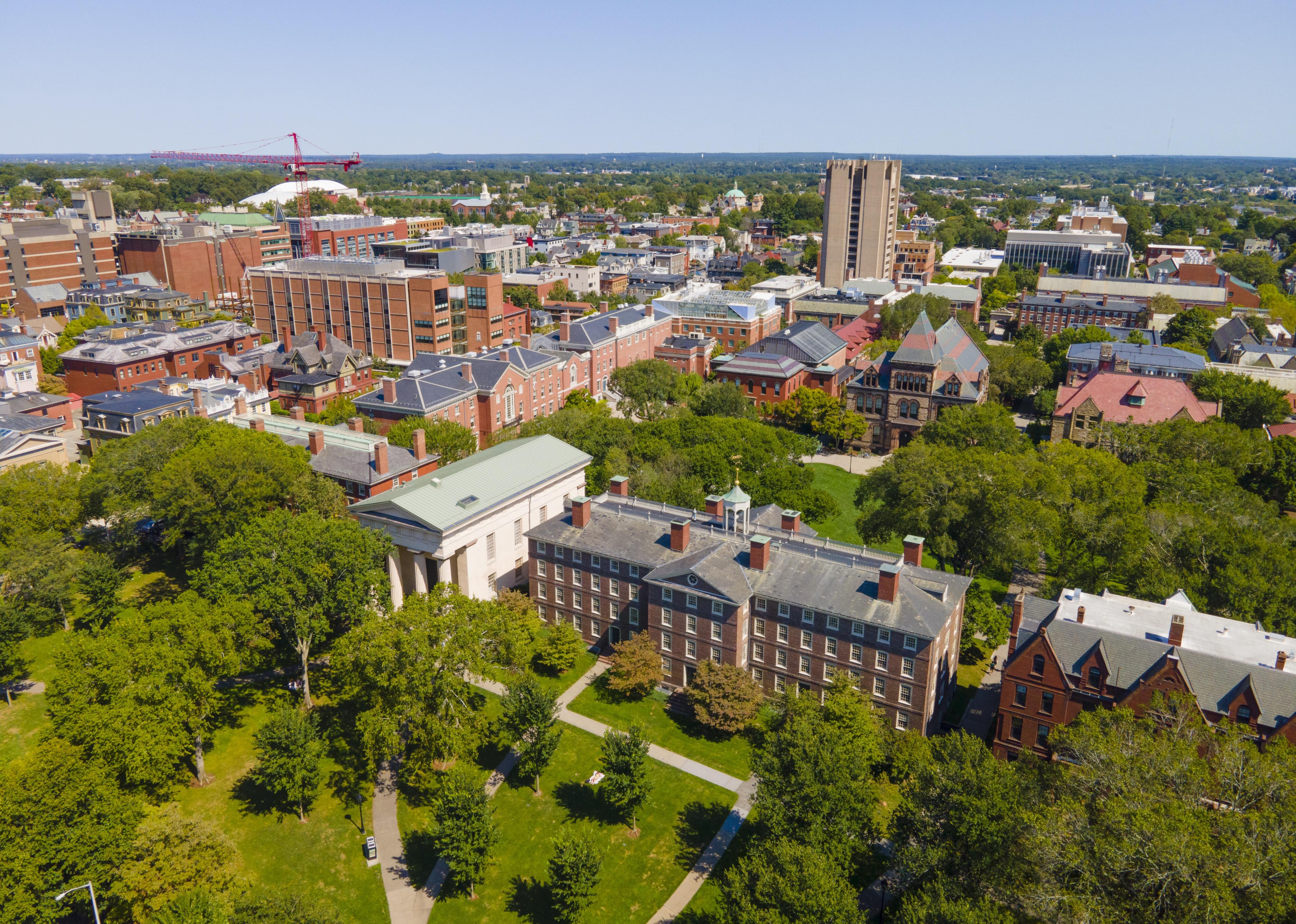 Brown University College Green aerial view on College Hill in Providence.