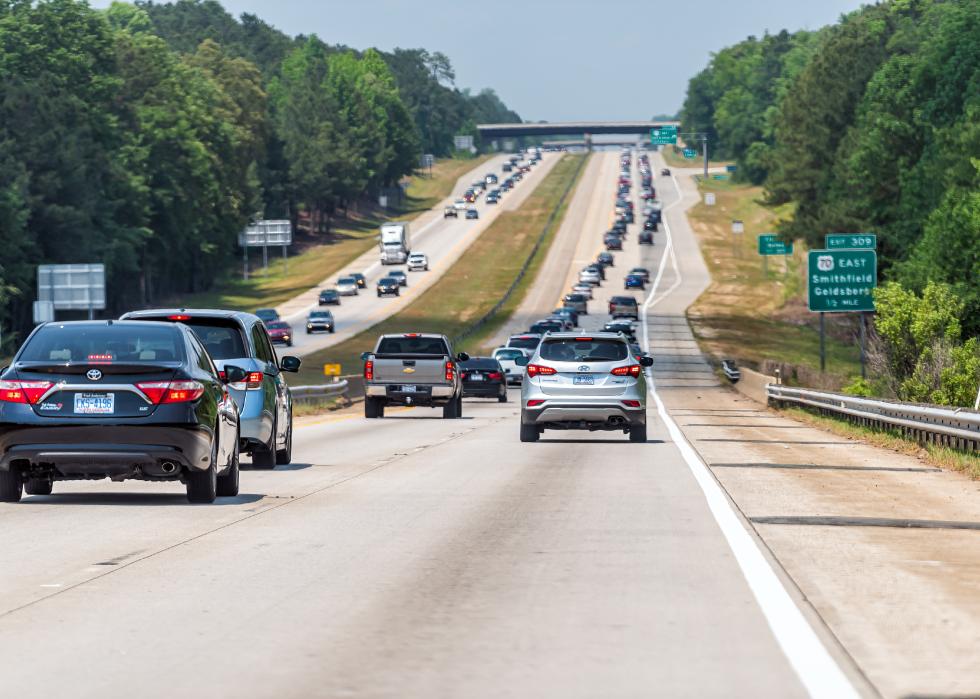 I-40 road with traffic jam and exit sign