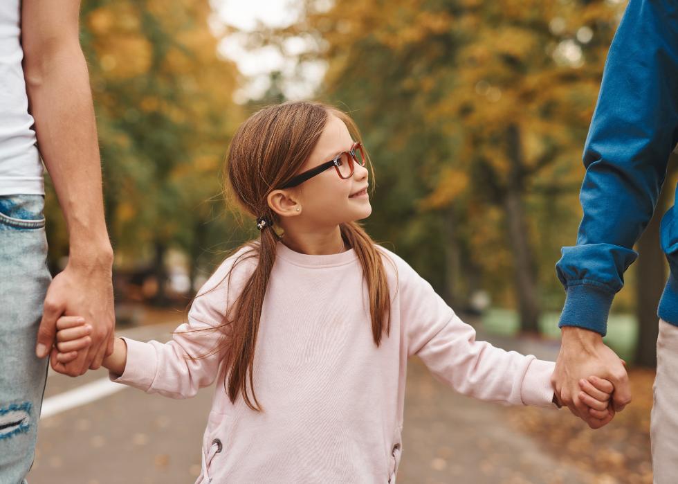 Close up of little girl wearing glassed, holding hands with two men