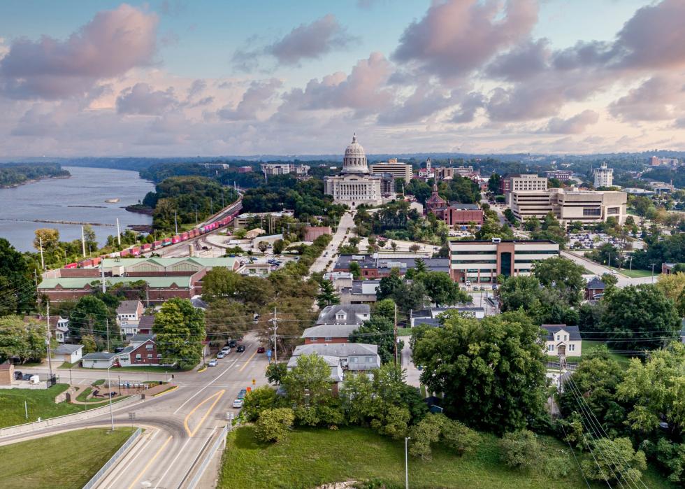 Aerial view of Jefferson City, Missouri, and its capital building.