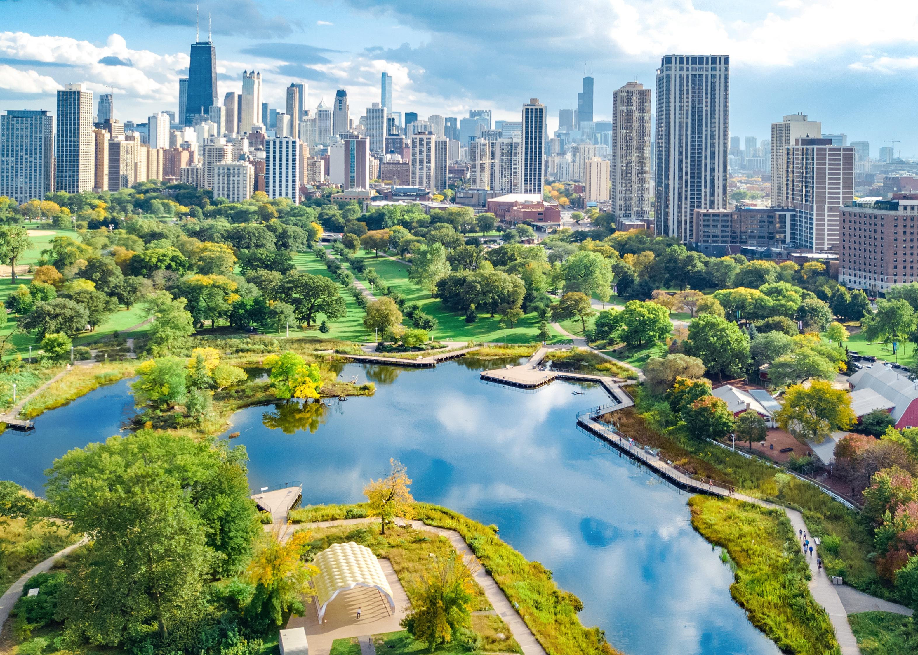 Chicago skyline aerial drone view from above.