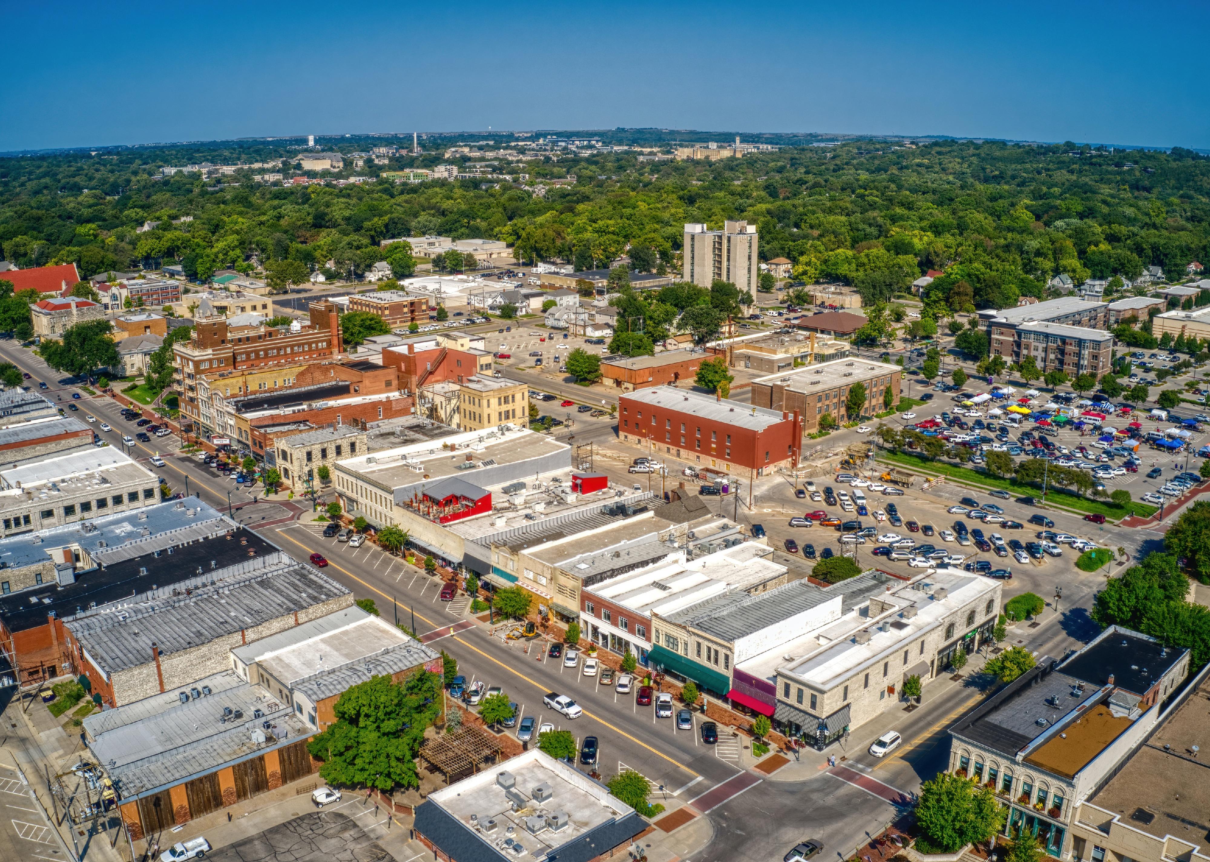 Aerial view of the town of Manhattan, Kansas in summer