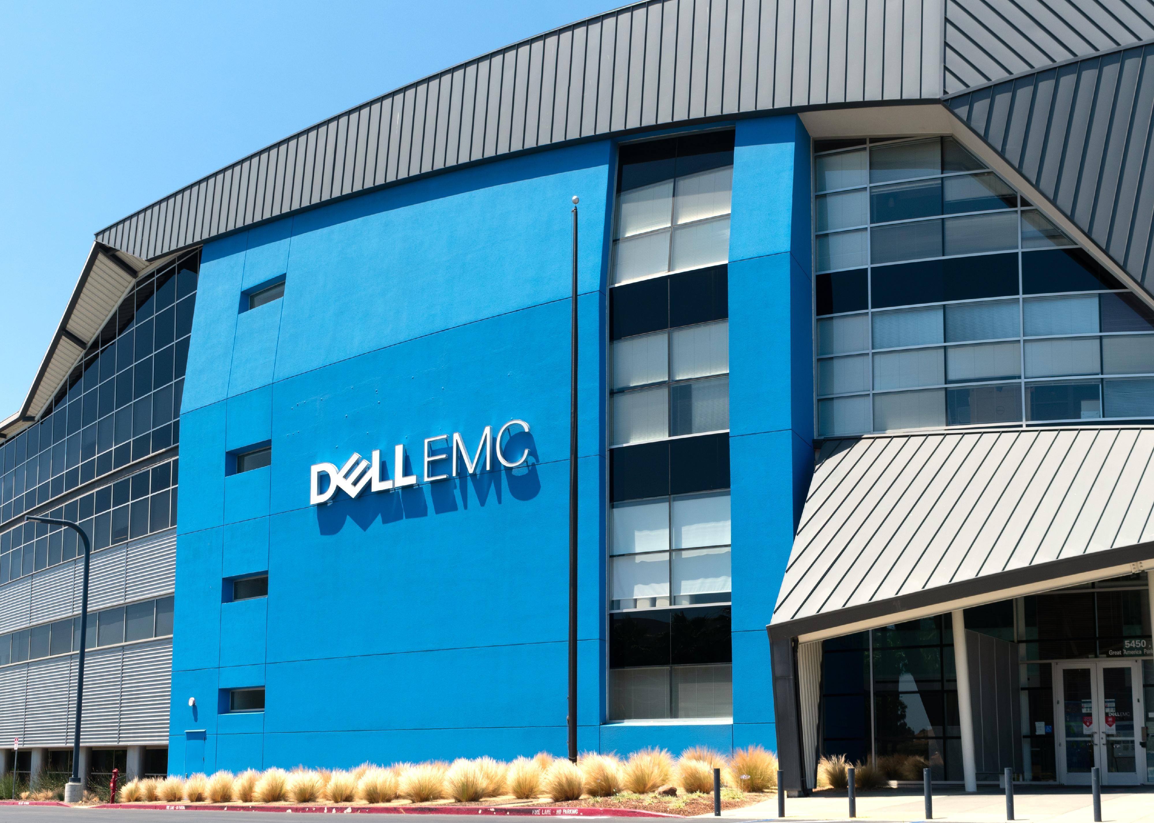 Dell EMC logo, sign on computer data storage company office.