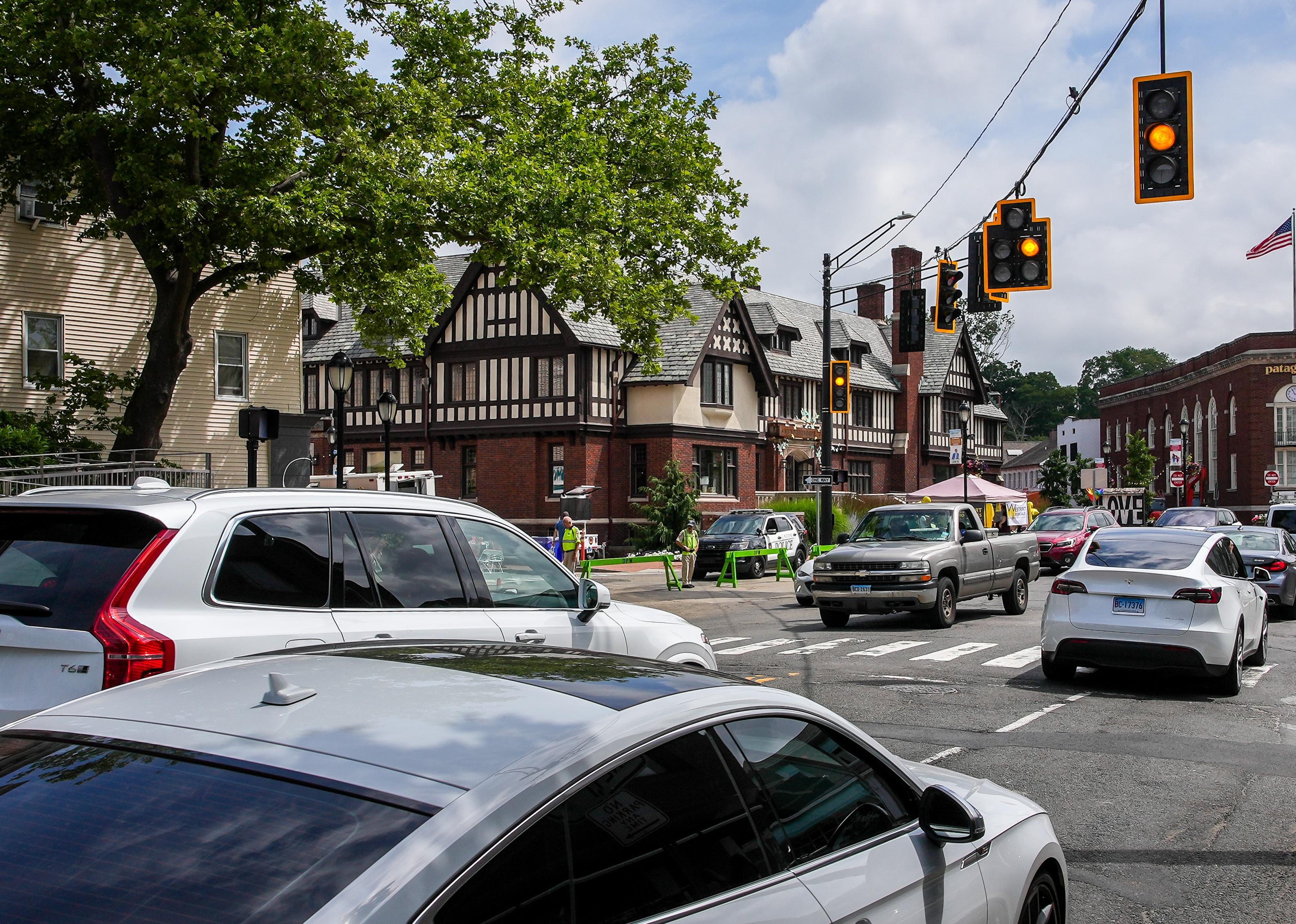 Traffic on Post road in Westport, Connecticut.