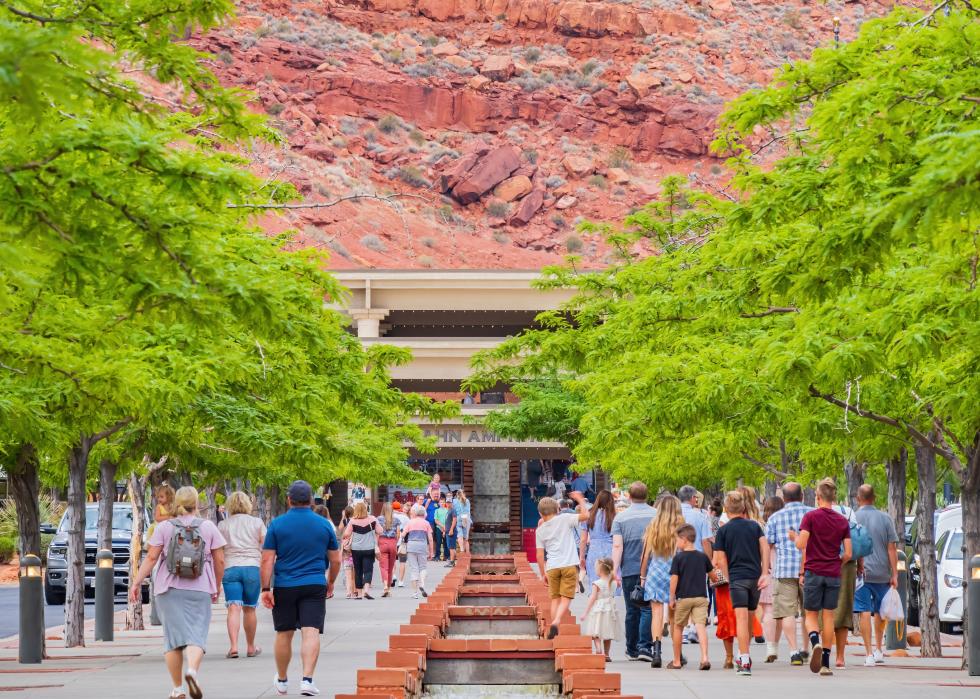 The entrance to the Tuacahn Amphitheatre with people walking in and out.