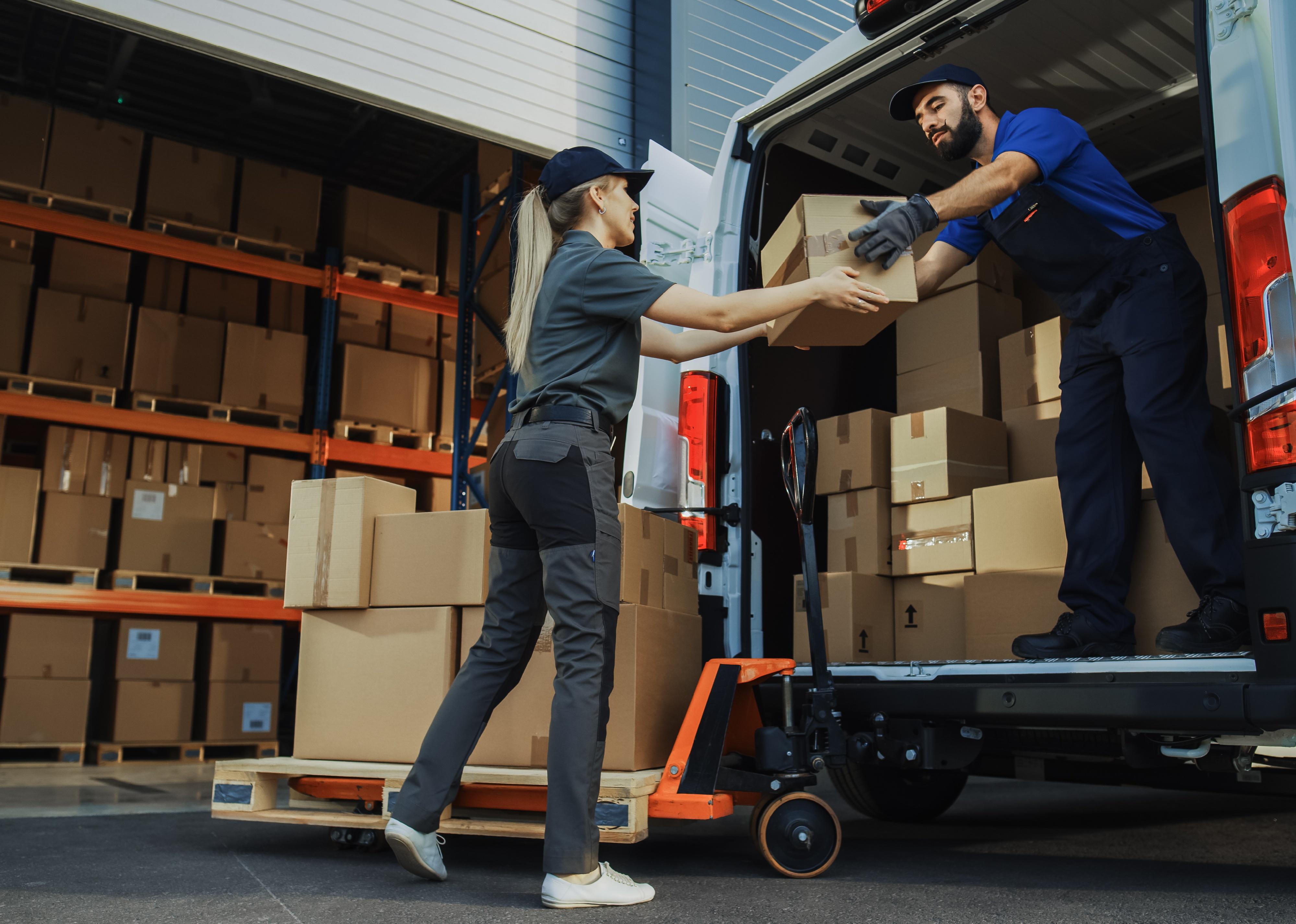 Two workers load a delivery van with boxes.