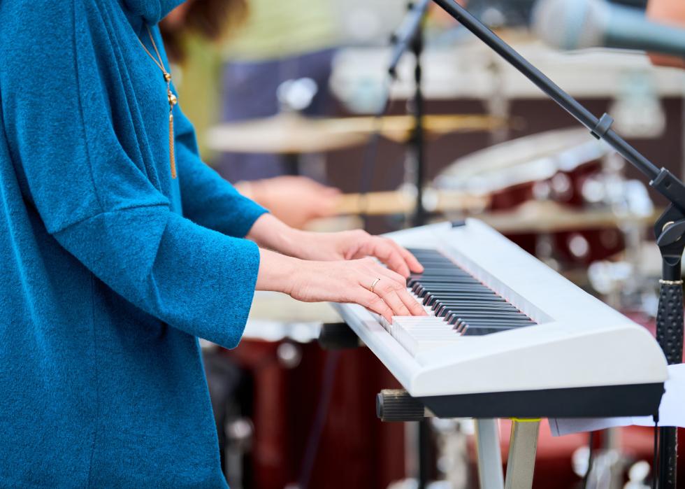 Musician playing synthesizer on concert stage