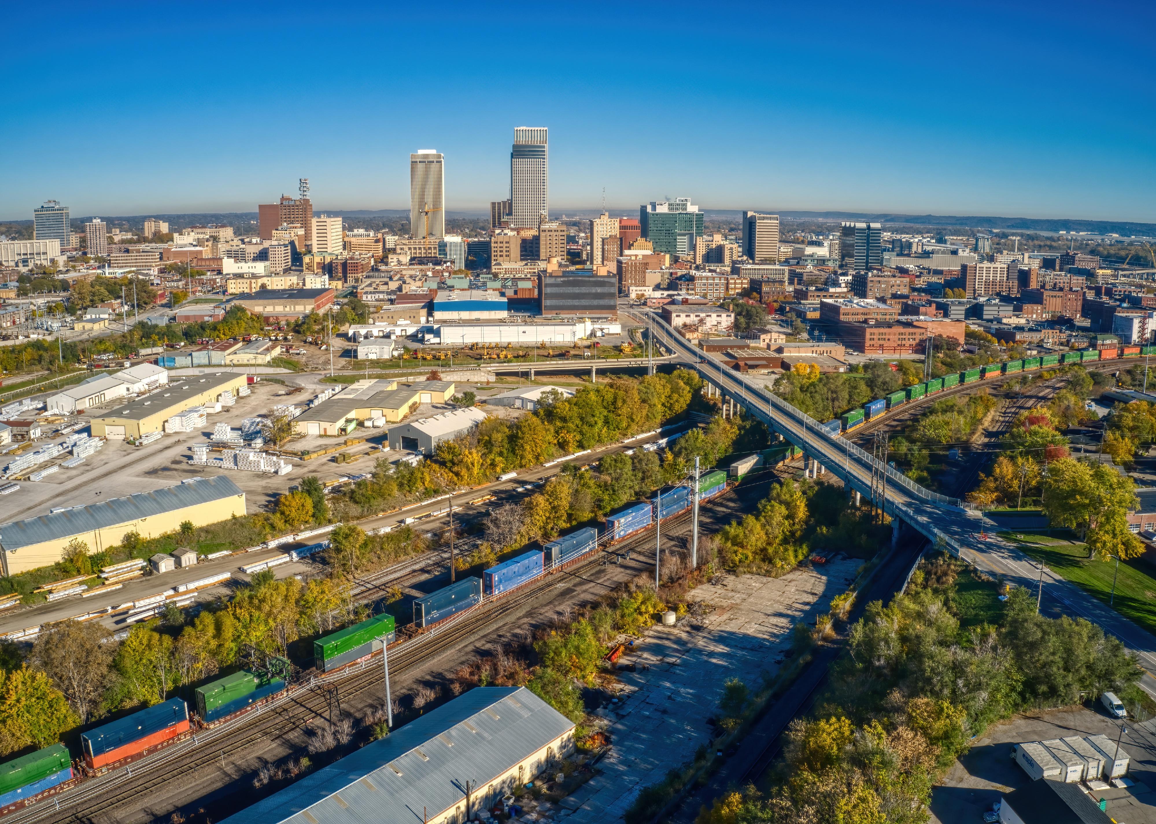 Aerial view of downtown Omaha, Nebraska, in autumn.