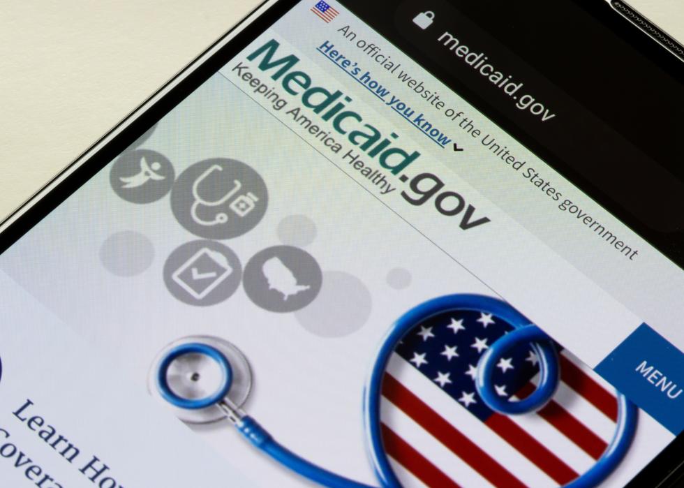 Closeup of the homepage of Medicaid.gov seen on a smartphone.