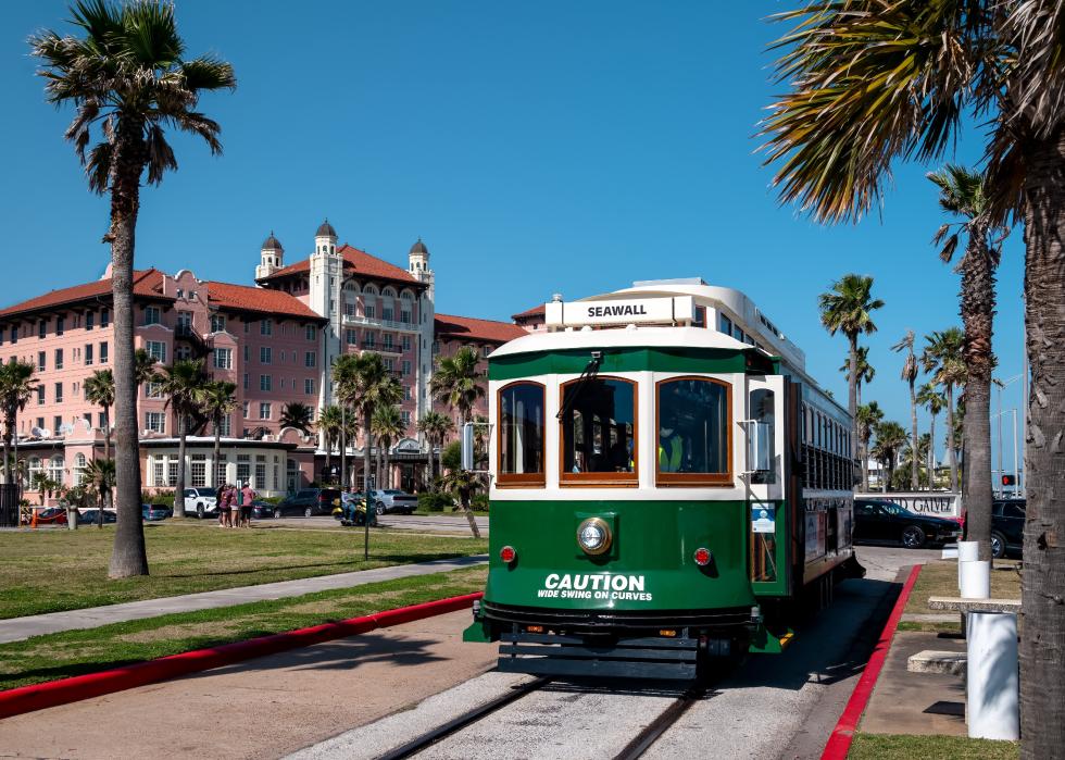 Train and buildings with palm trees.