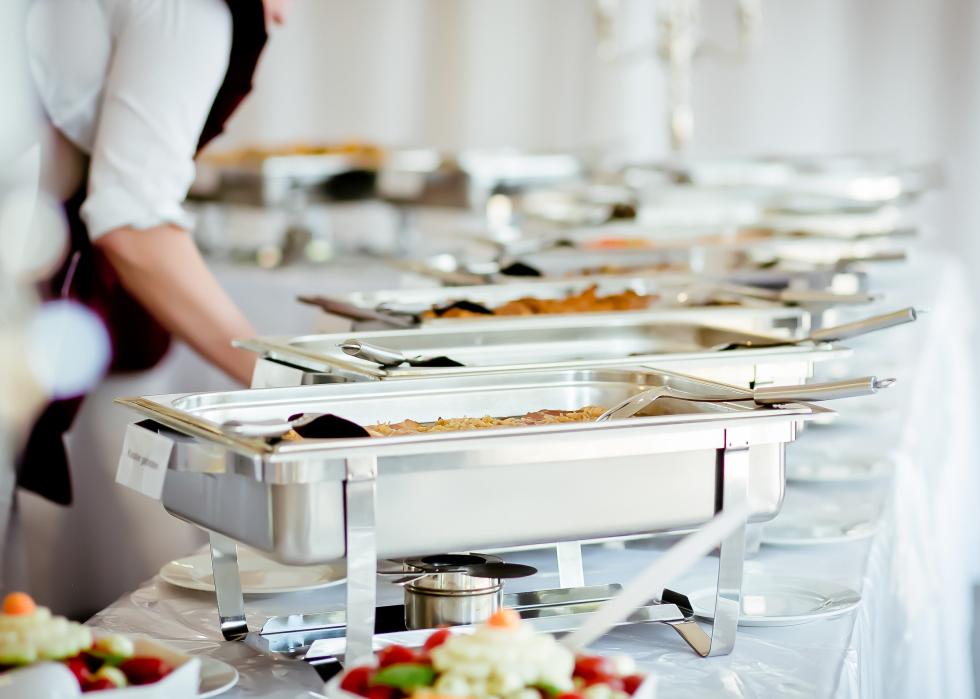 Catering spread across table.