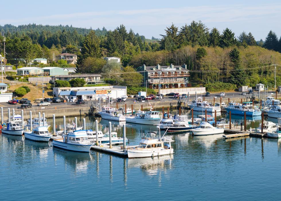 Depoe Bay Harbor on the Oregon Coast with boats tied up.