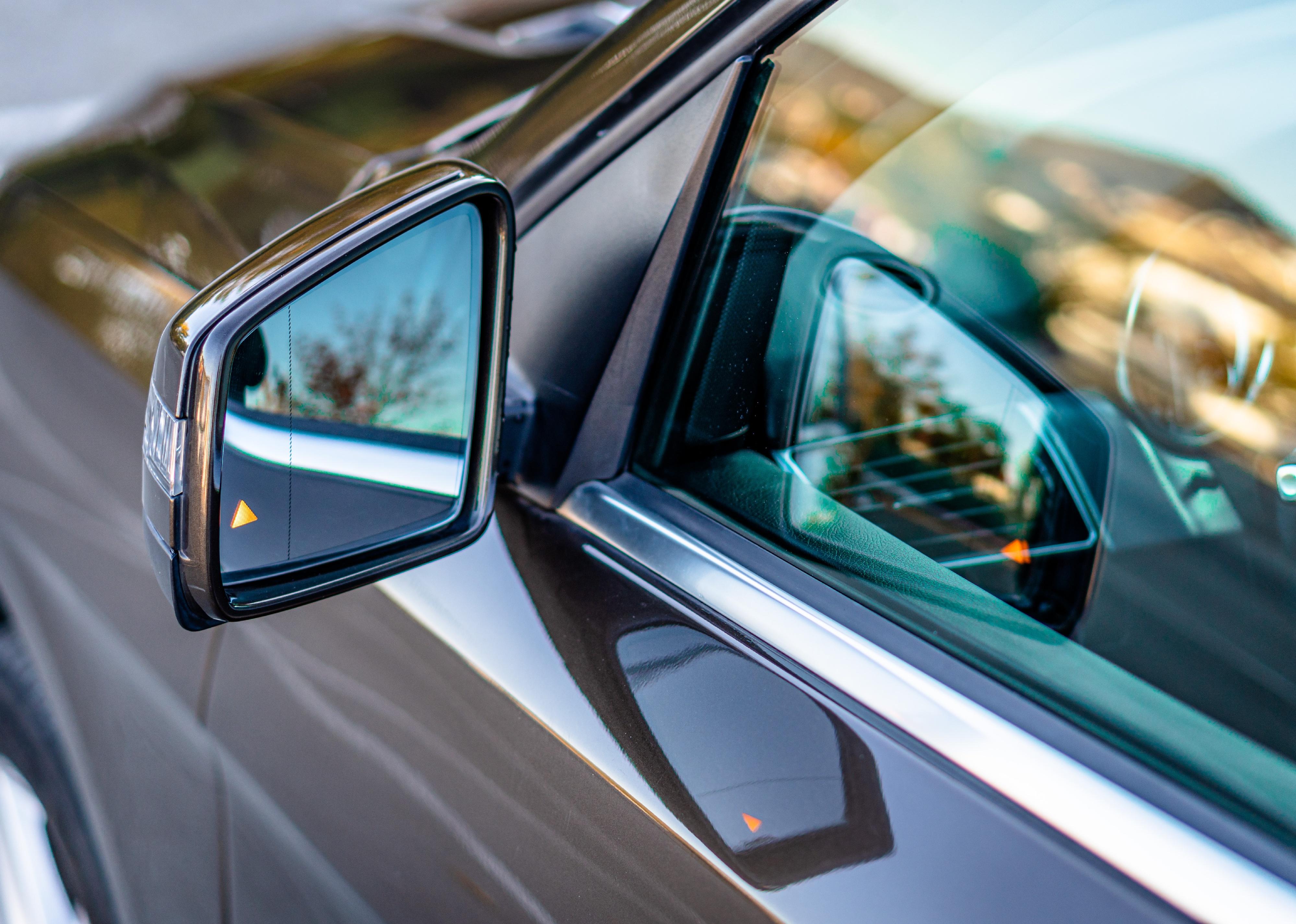 A close-up of a Mercedes-Benz with Blind Spot Assist.