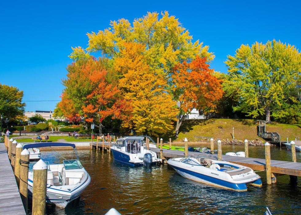 Yachts docked at Marina in fall in Back Bay.